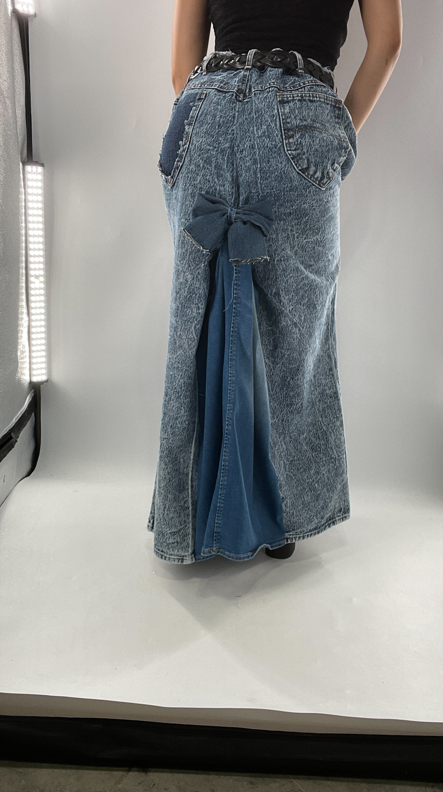 Custom Handmade Acid Wash Denim Slit Front Ruffled Skirt with Bow Bum (Large)