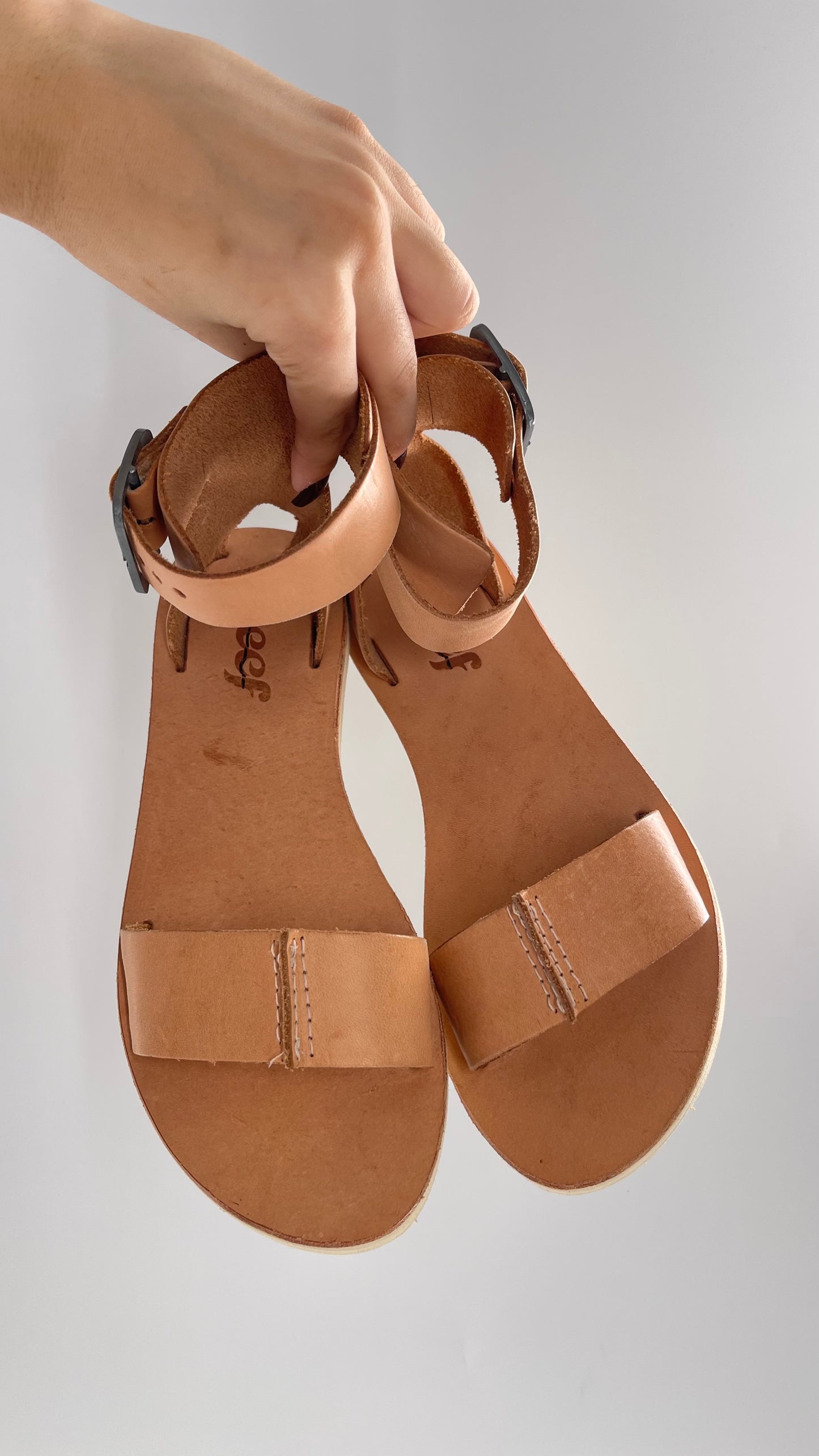 Free People Reef Light Nude / Tan Leather Sandals with Thick Ankle Strapped Buckle (6)