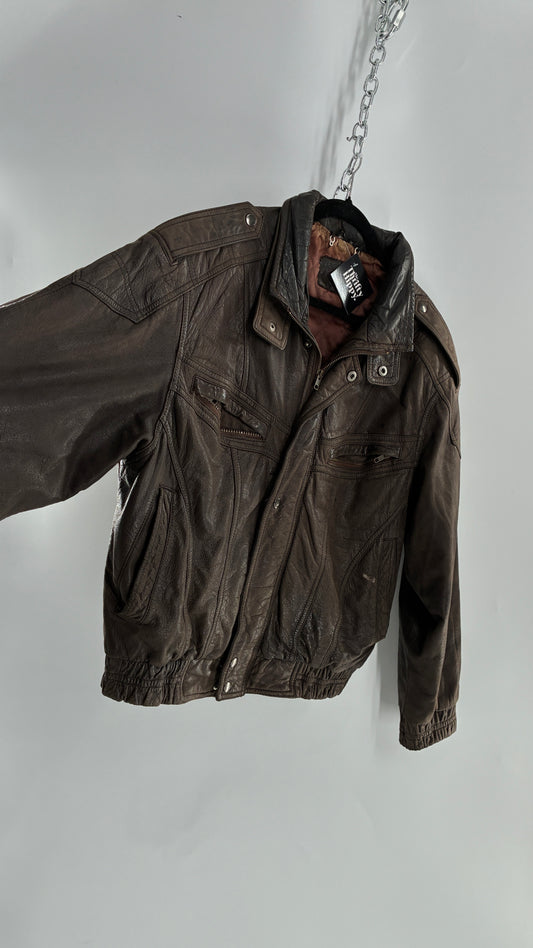 Vintage SAXONY Distressed Leather Bomber Jacket (Medium)