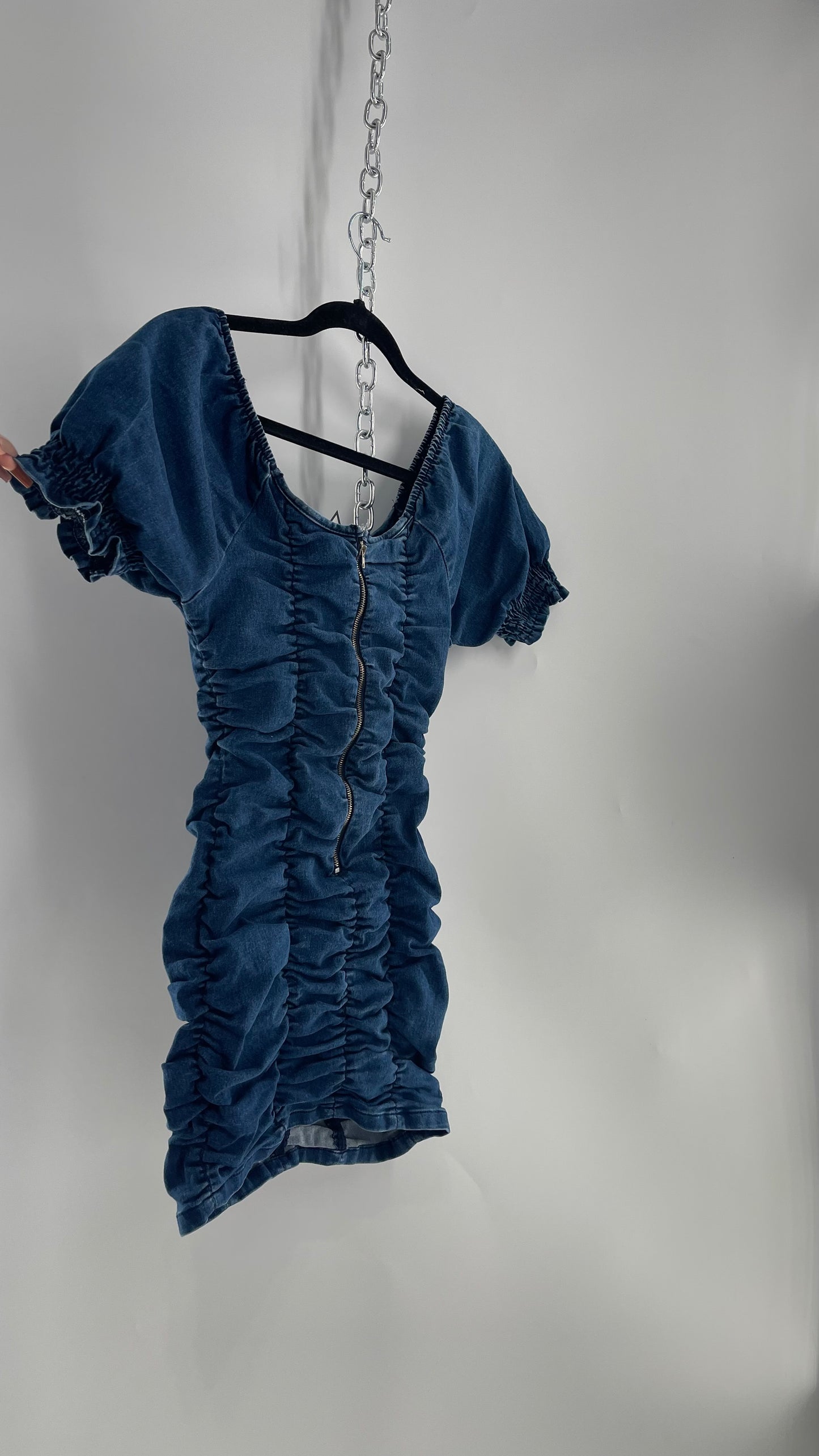 Vintage Medium Wash Denim Ruched Puff Sleeve Mini Dress (Small)