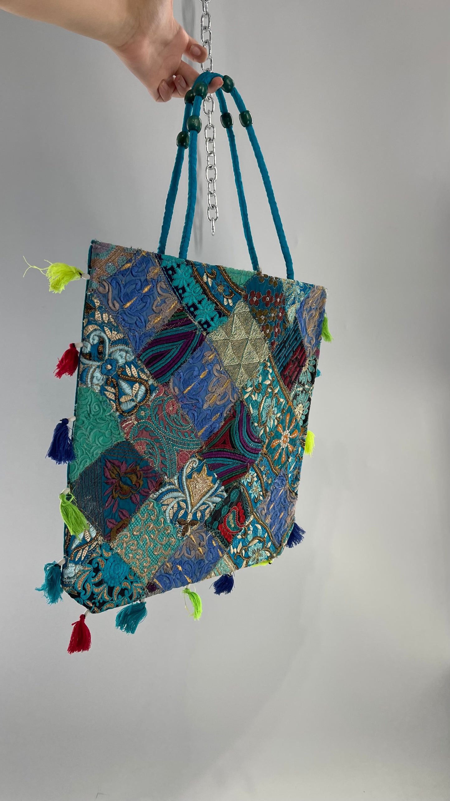 Imported Blue Patchwork Tote from Brazil with Tassel Detailing