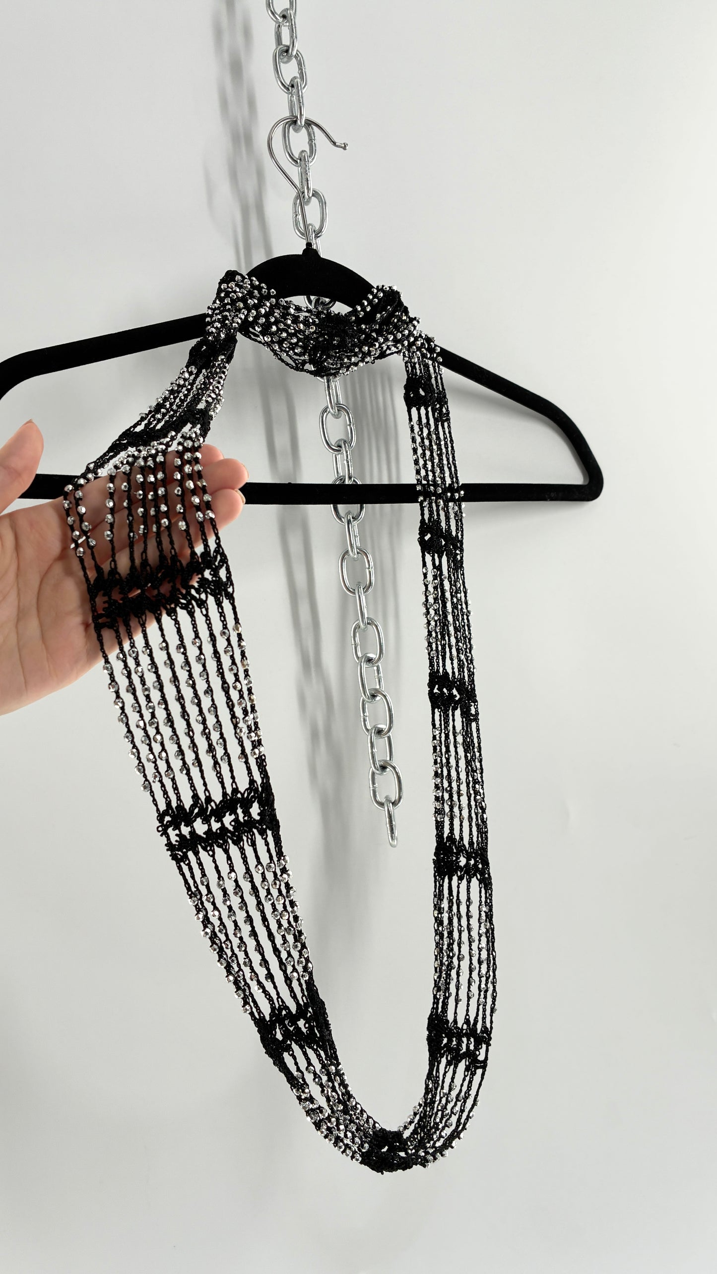 Vintage Black Crochet Infinity Scarf with Silver Pebble Beading