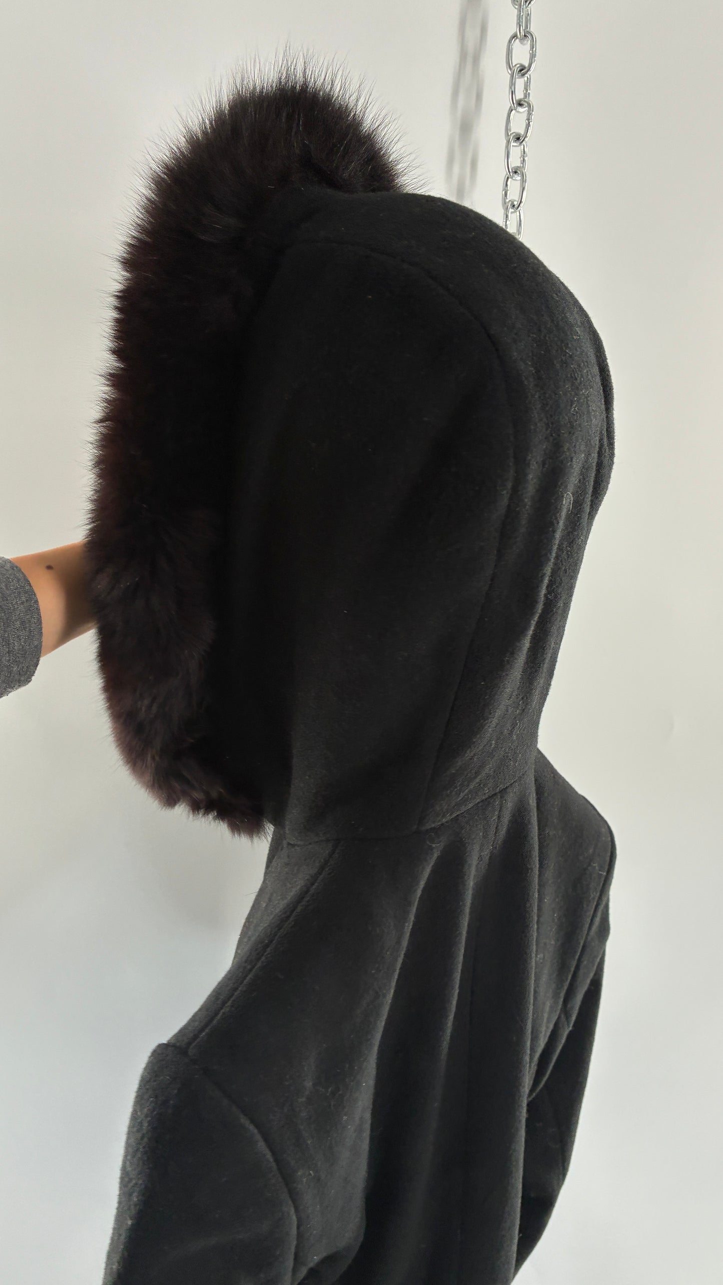 Vintage STEVE by SEARLE Cashmere Blend Coat with Underbust Tie and Fur Hood