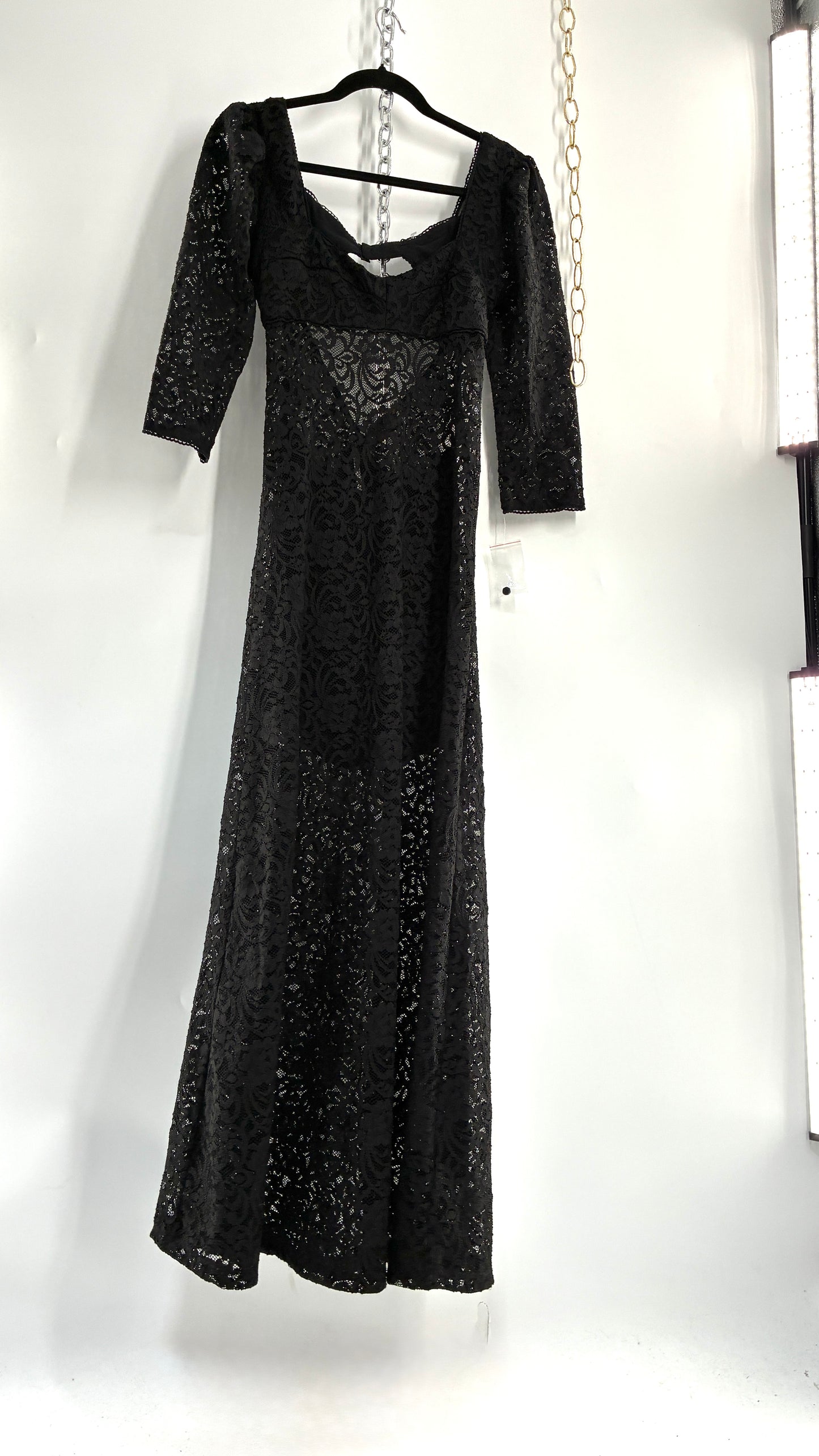 Free People Adored Black Lace Open Back Maxi with Button Bag (Small)
