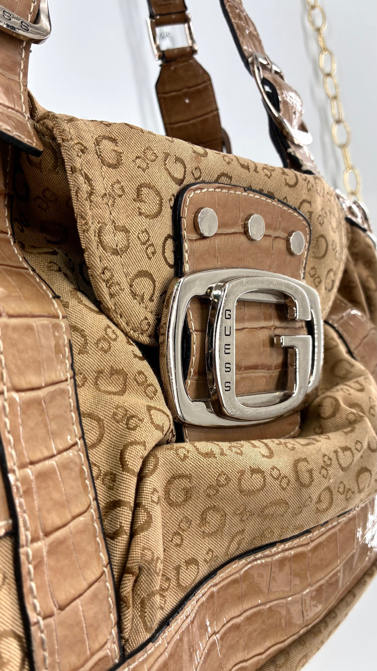 Vintage Guess Tan Monogram Shoulder Bag With Croc-Embossed Trim