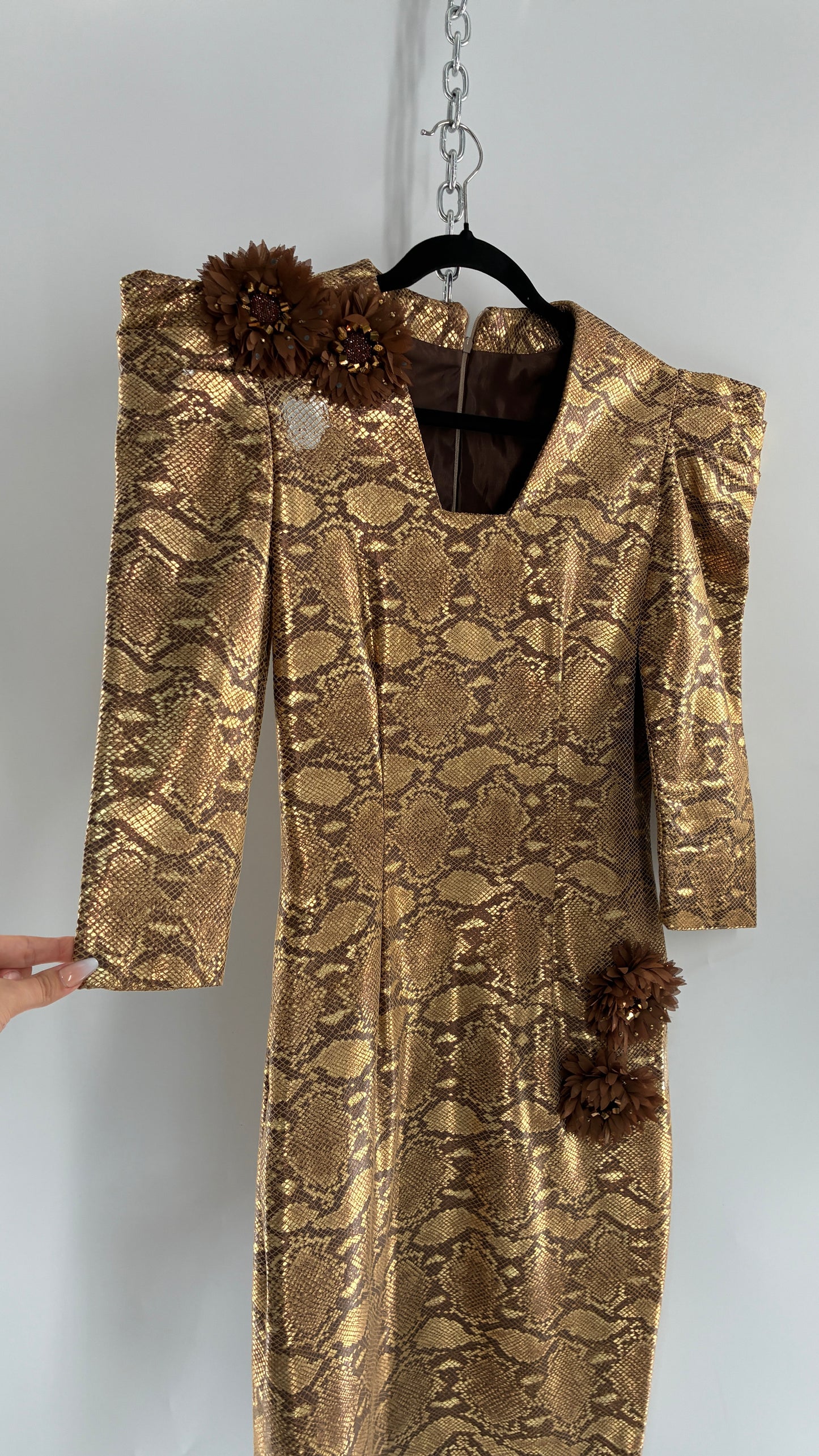 Vintage 1980s Handmade Genuine Leather Snakeskin Bronze Midi Dress with Floral Appliqués (Medium, See Measurements)