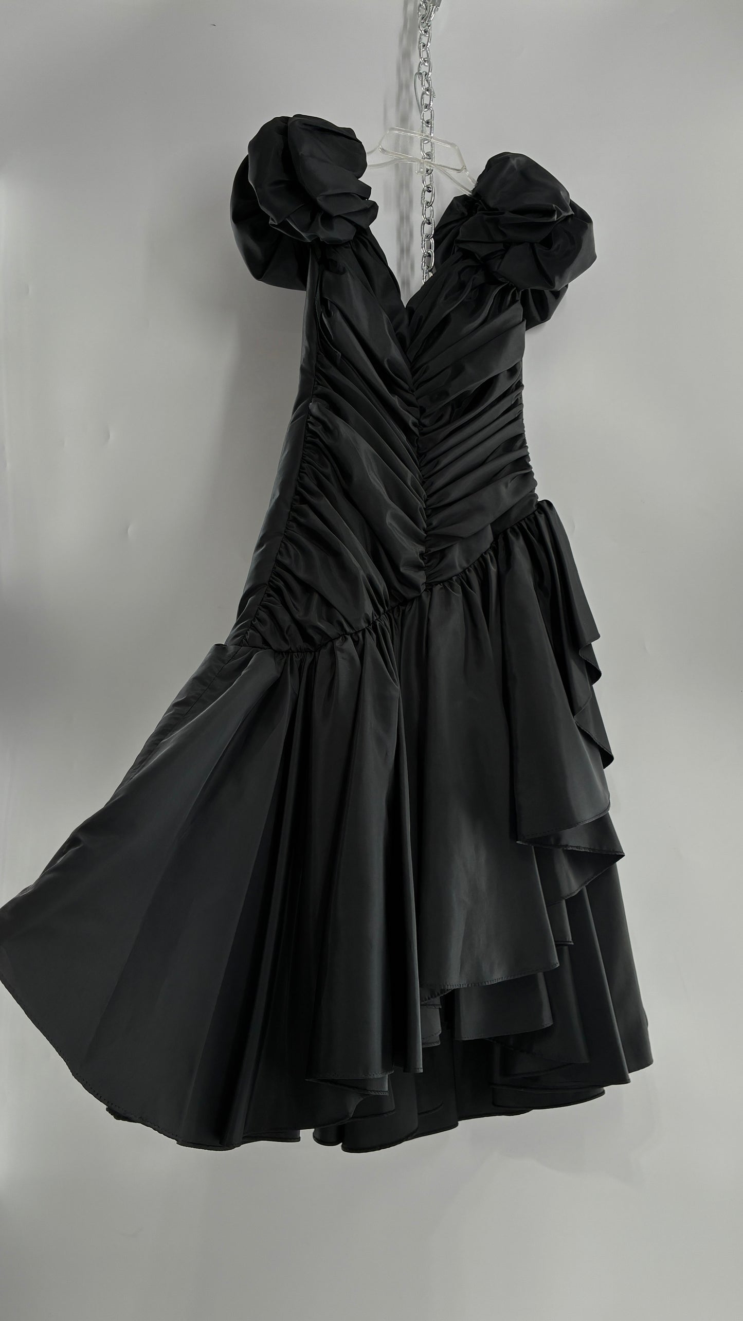 Vintage 1980s Black Gown with Ruched Bodice, Exaggerated Puff Sleeves, and Tiered Skirt (Measured)