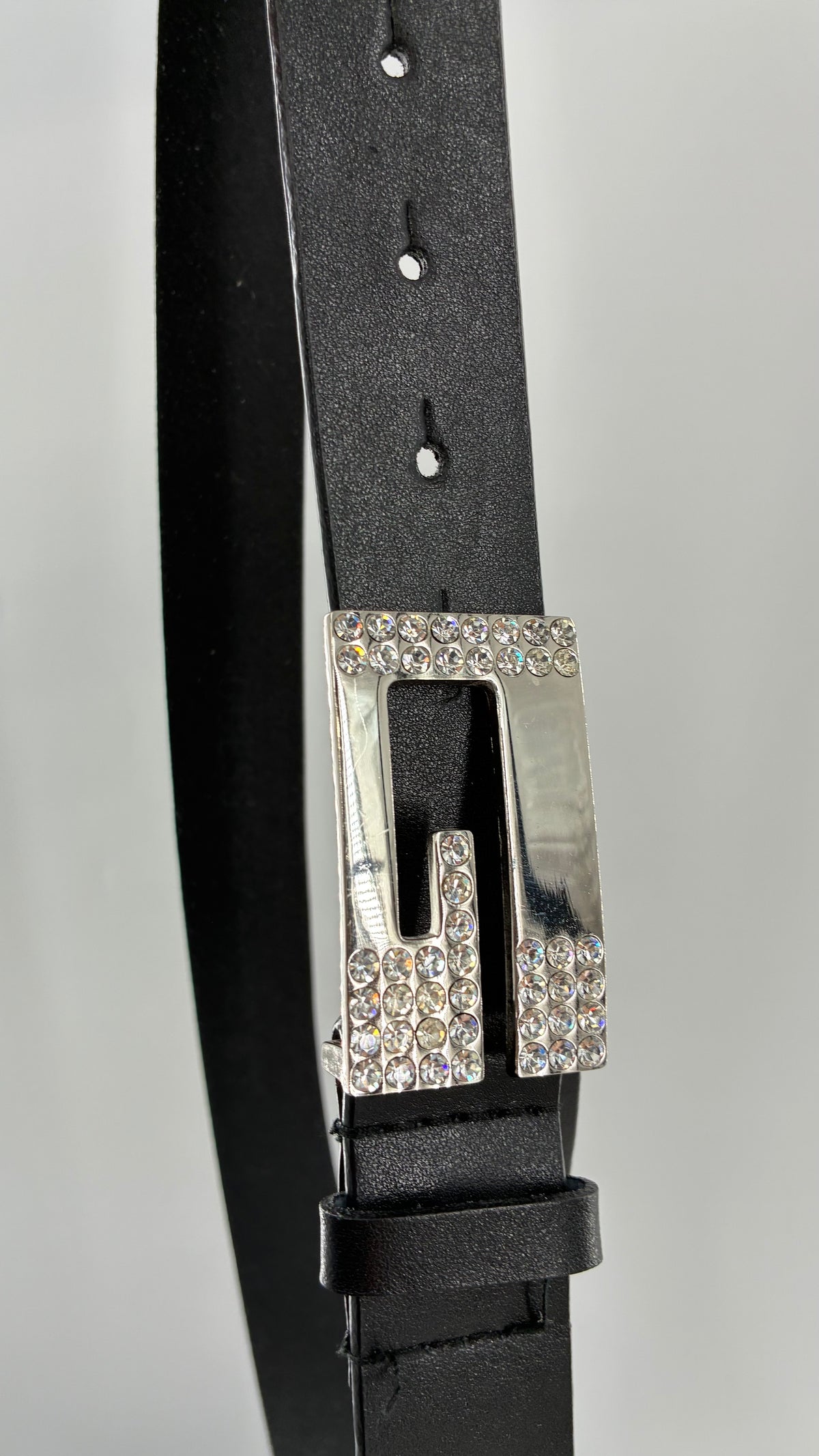 Vintage GUESS Black Leather Belt with Iconic Rhinestone Buckle (Small)