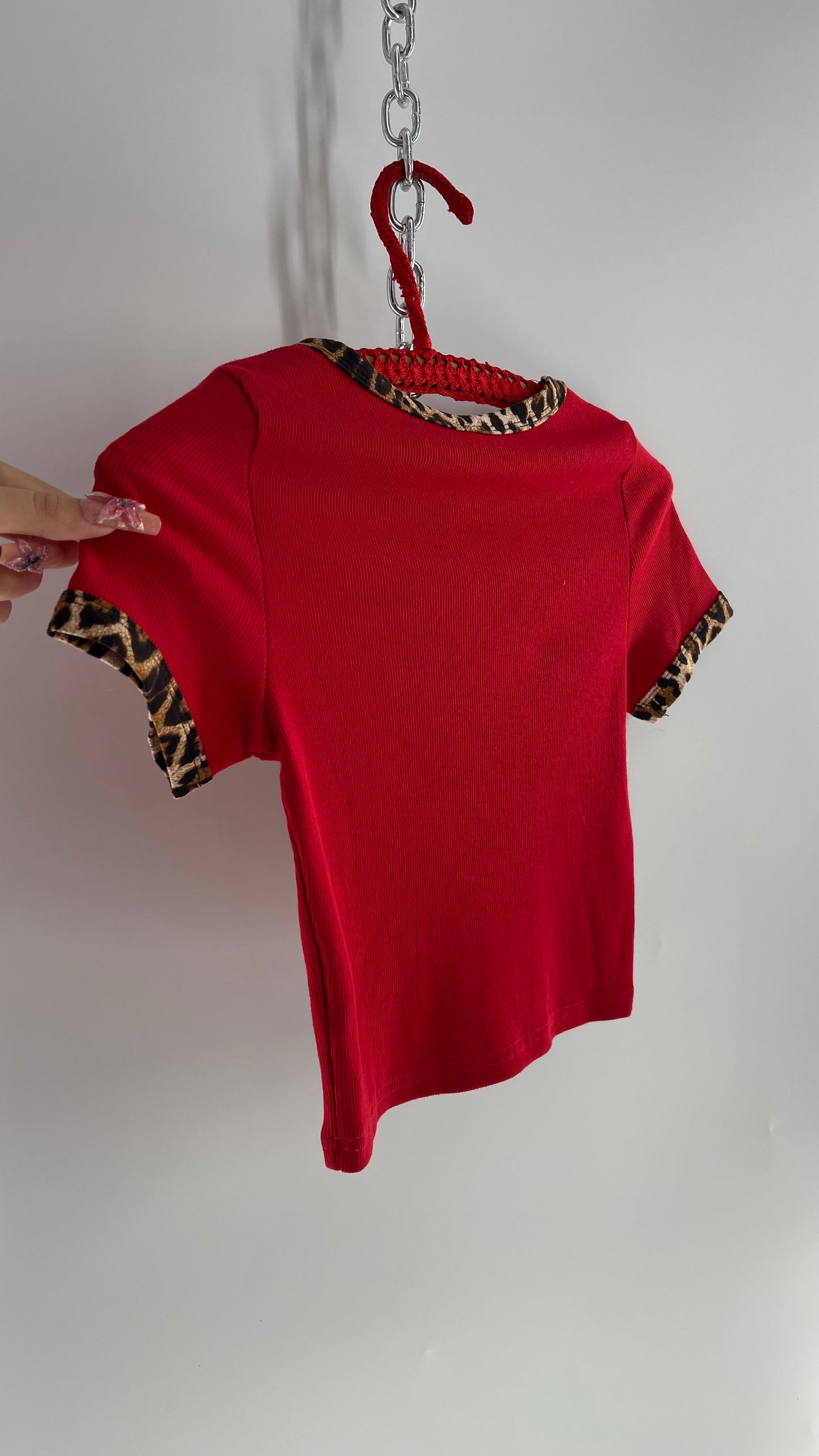 Red Baby T with Cheetah Heart and Piping (Medium)