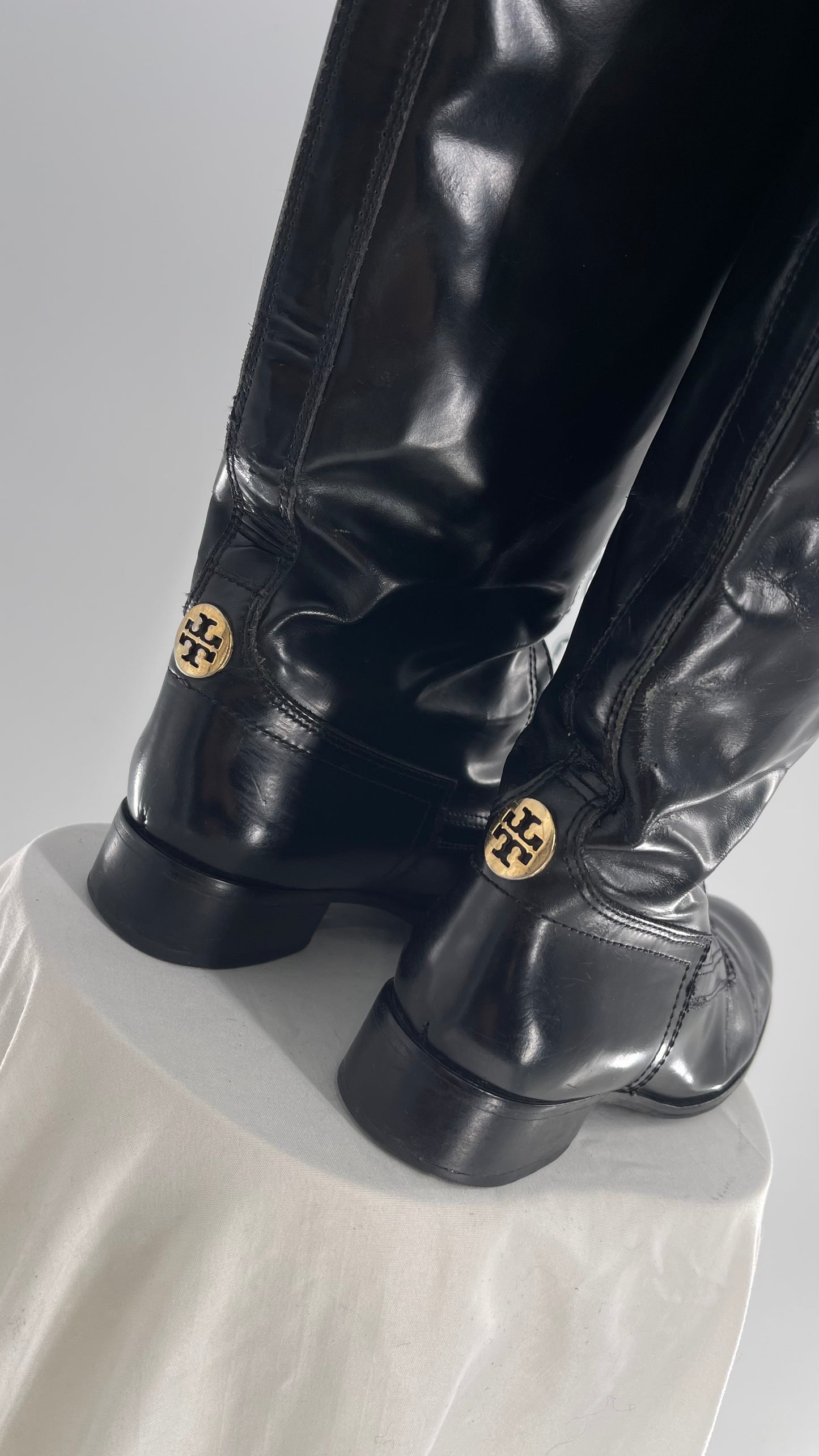 Vintage Tory Burch Patent Leather Bronze Zipper Front Riding Boots (8)