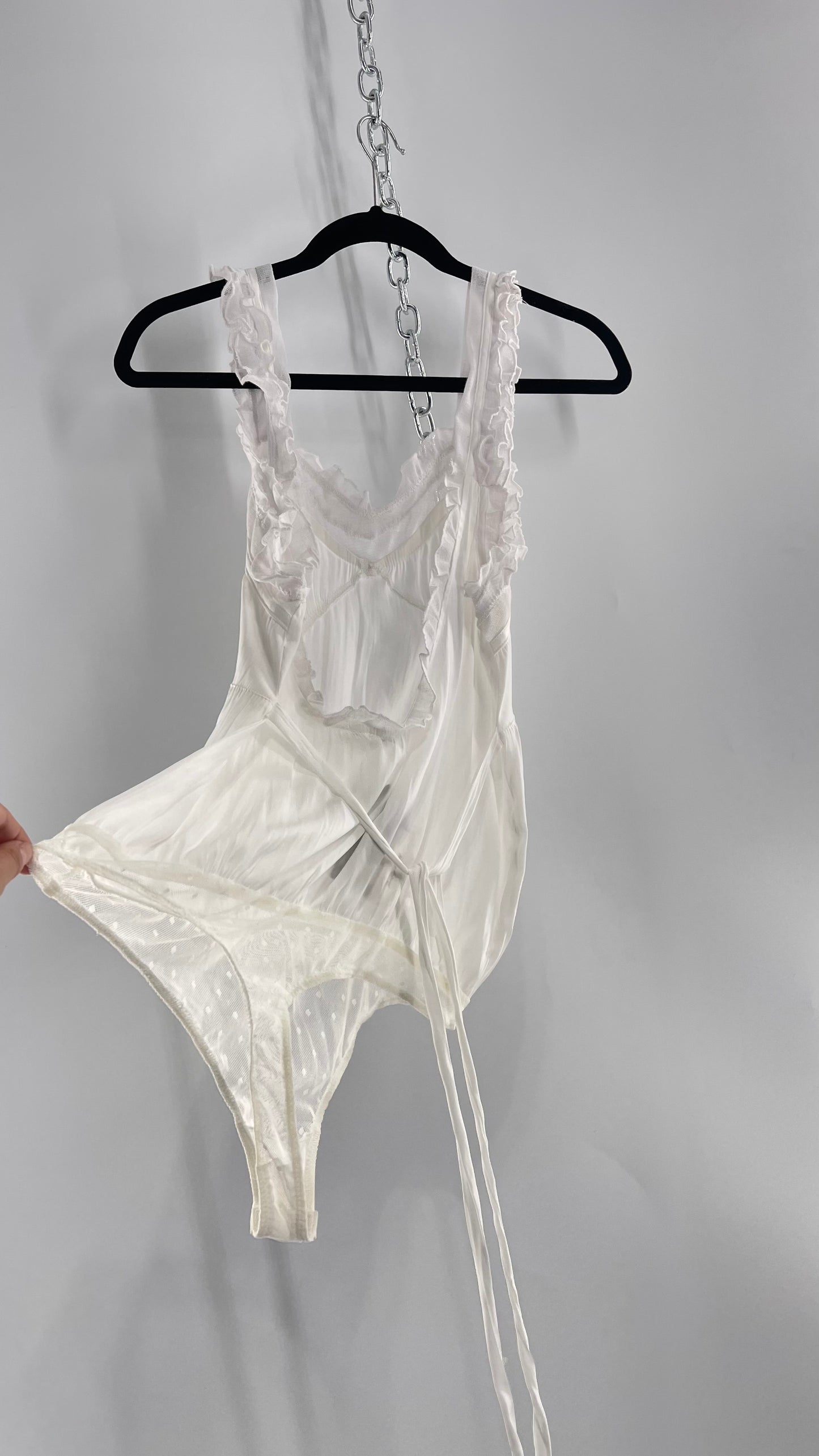 Free People White Silky Soft Bodysuit with Ruffled Bust-line and Straps (M)