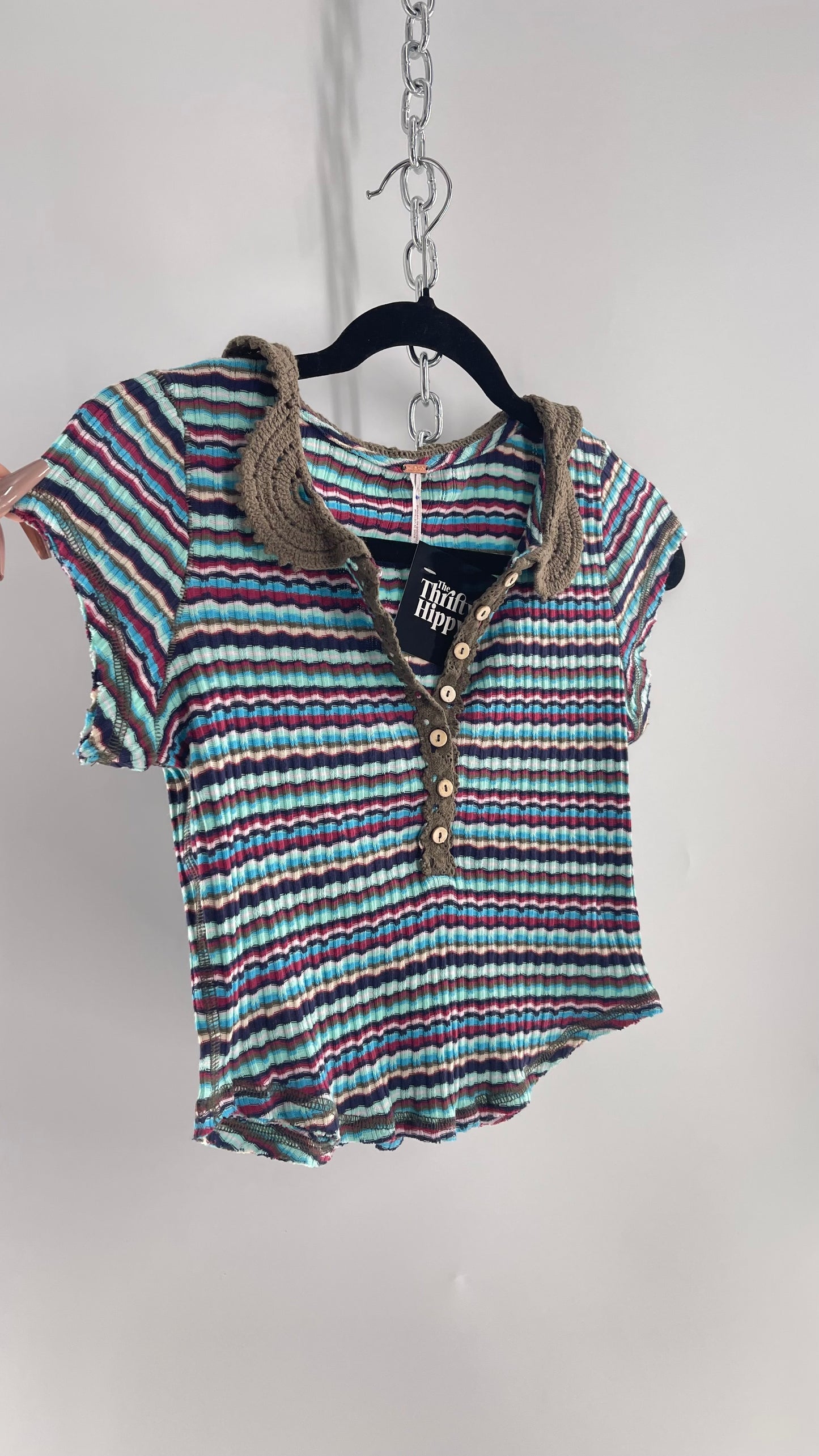 Free People Striped Short Sleeve with Crochet Knit Collar (XS)