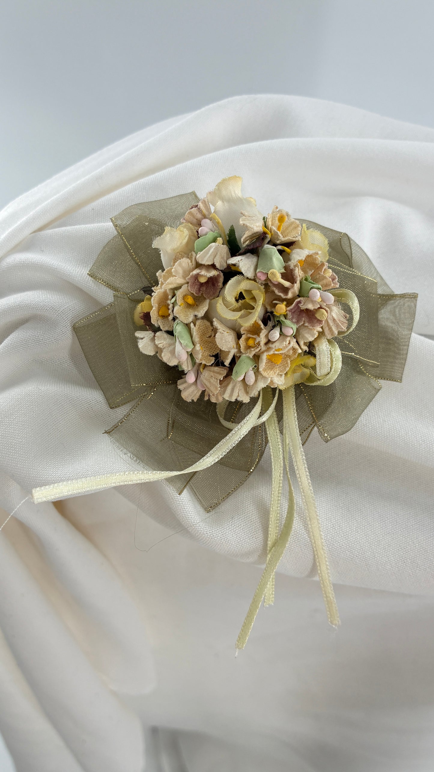 Vintage Brooch Pin with Ribbons and Handmade Fabric Flowers