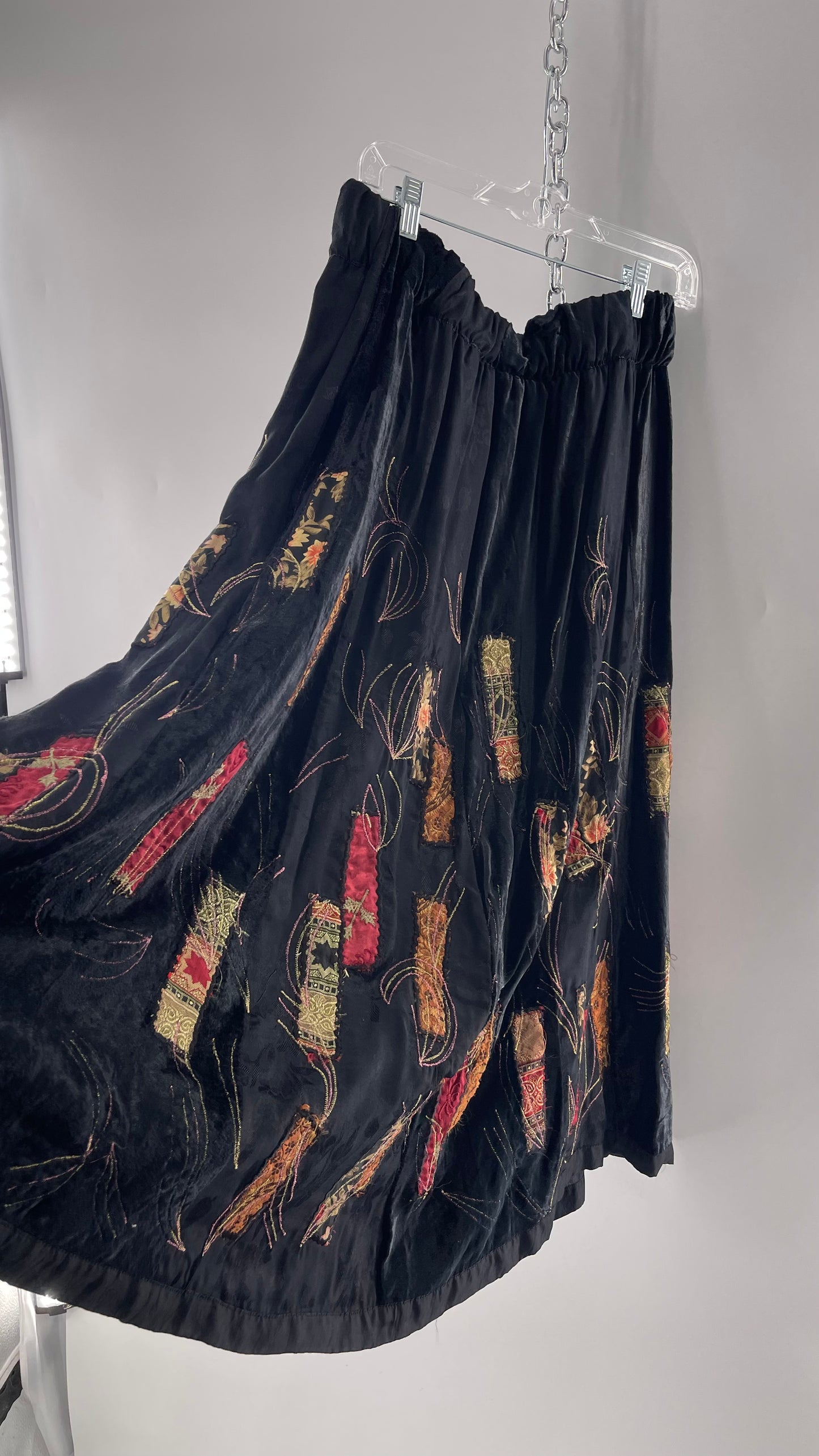 Vintage Black Velvet and Embossed Florals Patchwork Skirt with Metallic Stitch Detailing with Lining and Thick Waistline (M)