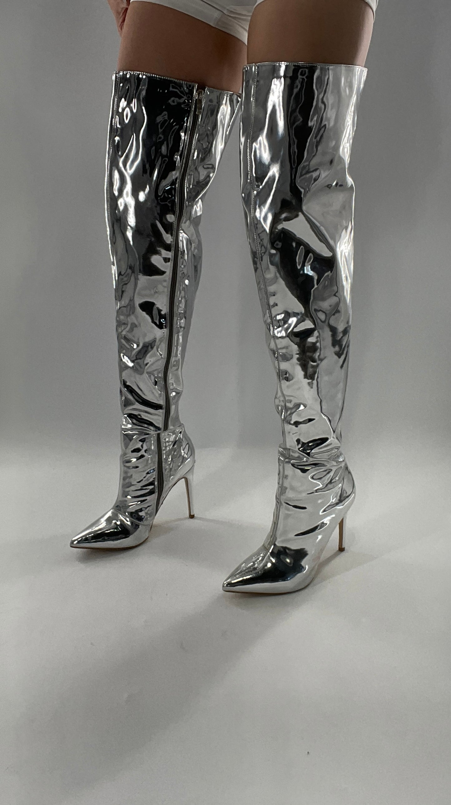 Vintage Chrome Platinum Mirrored Thigh High Molten Metal Sky High Boots Space Cadet/Concert (7)