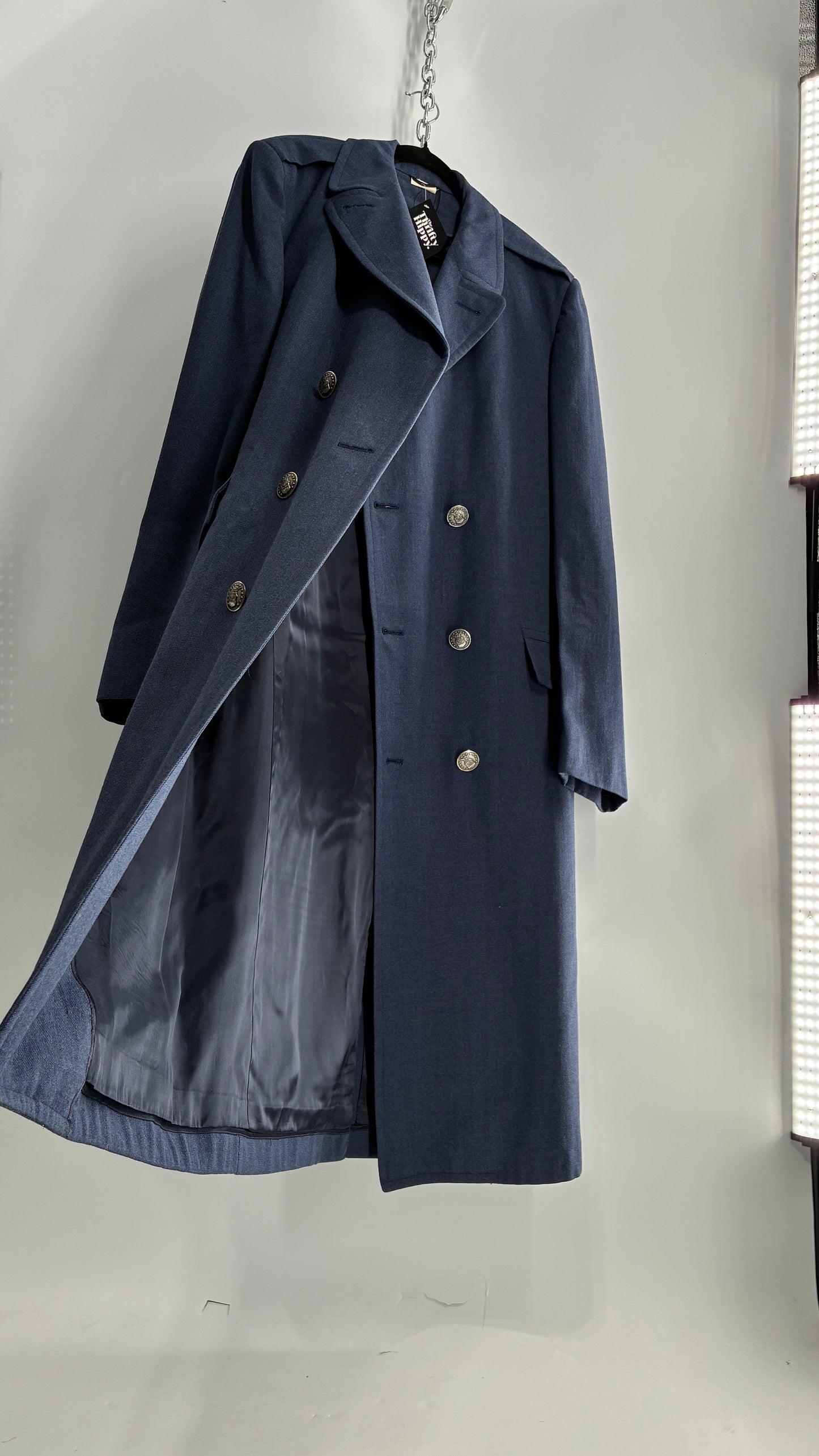 Vintage Military Style Navy Blue Woven Heavy Duty Long Coat
