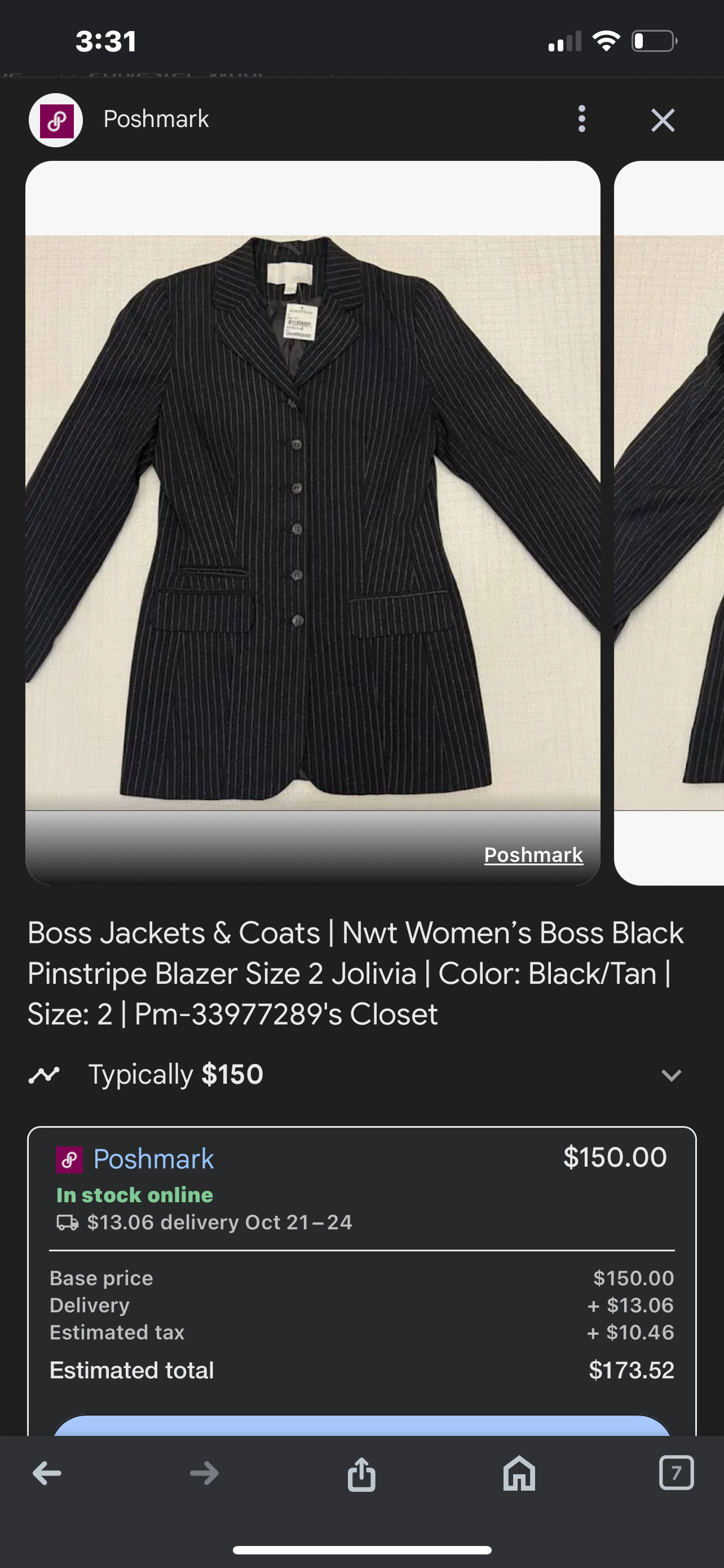 Vintage BOSS Black Pinstripe Diagonal Button Suit Blazer (XS/S)