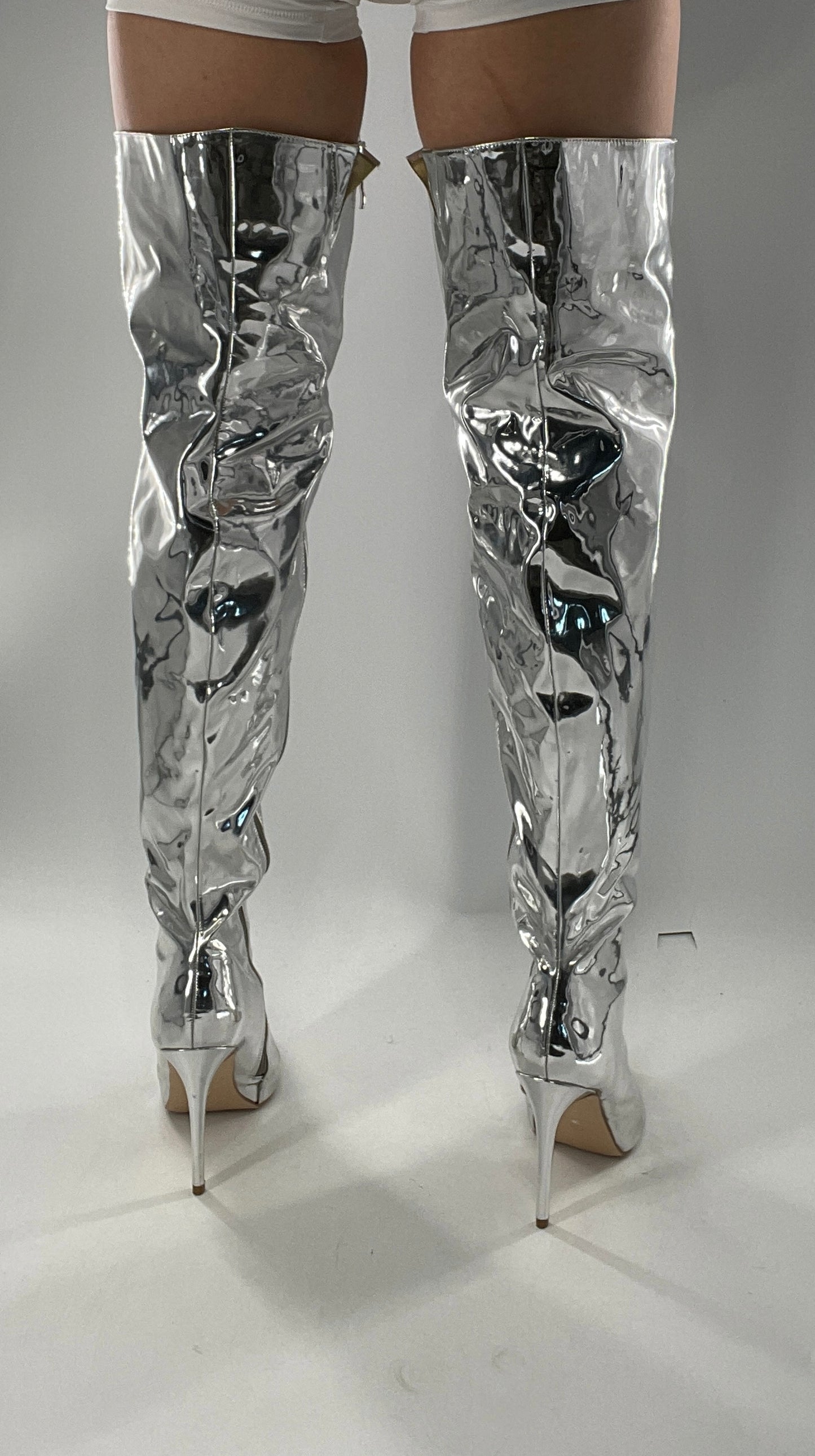 Vintage Chrome Platinum Mirrored Thigh High Molten Metal Sky High Boots Space Cadet/Concert (7)