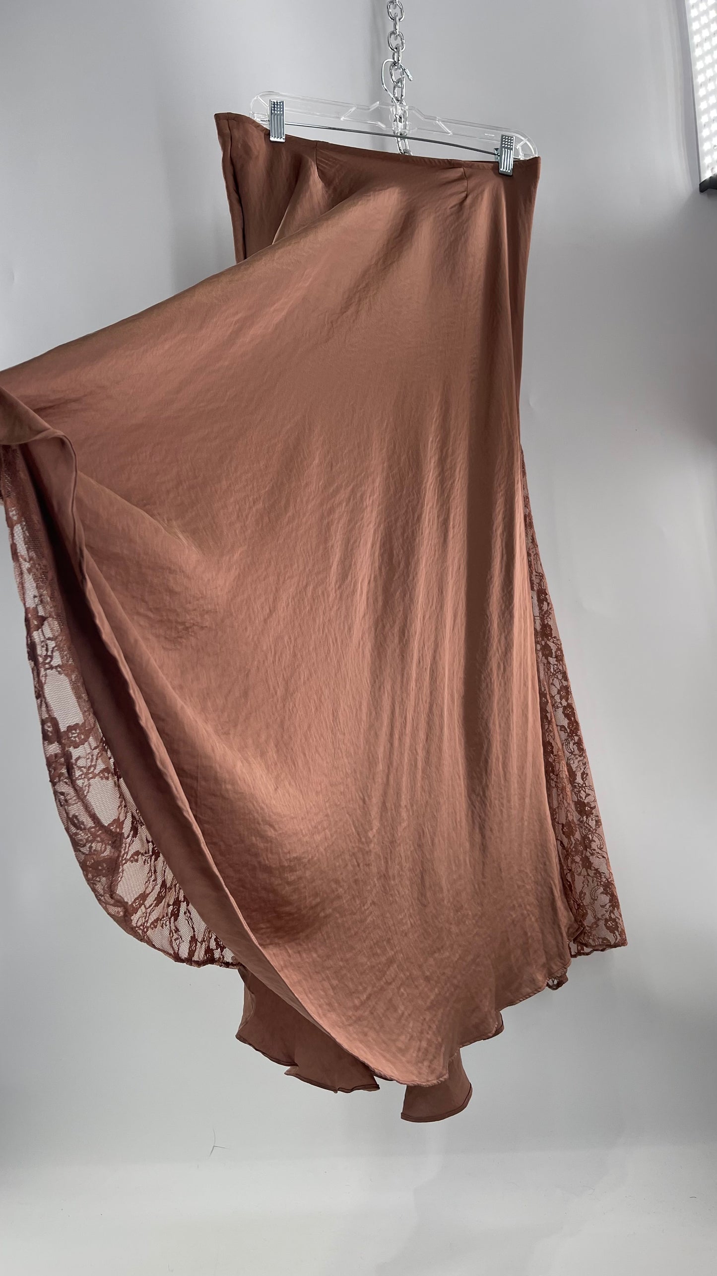 Intimately Free People Brown/Dusty Mauve Satin Maxi Skirt with Lace Paneling (Medium)