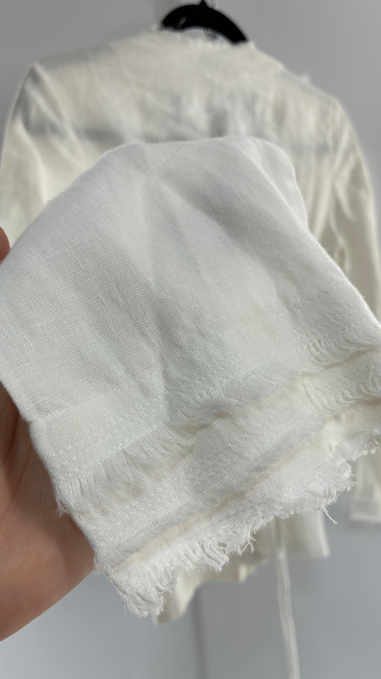 Vintage ANNE FONTAINE Off White Linen Woven Button Up Blouse with Back Corseting, Pearlescent Shell Buttons, and Rosette Details (36)