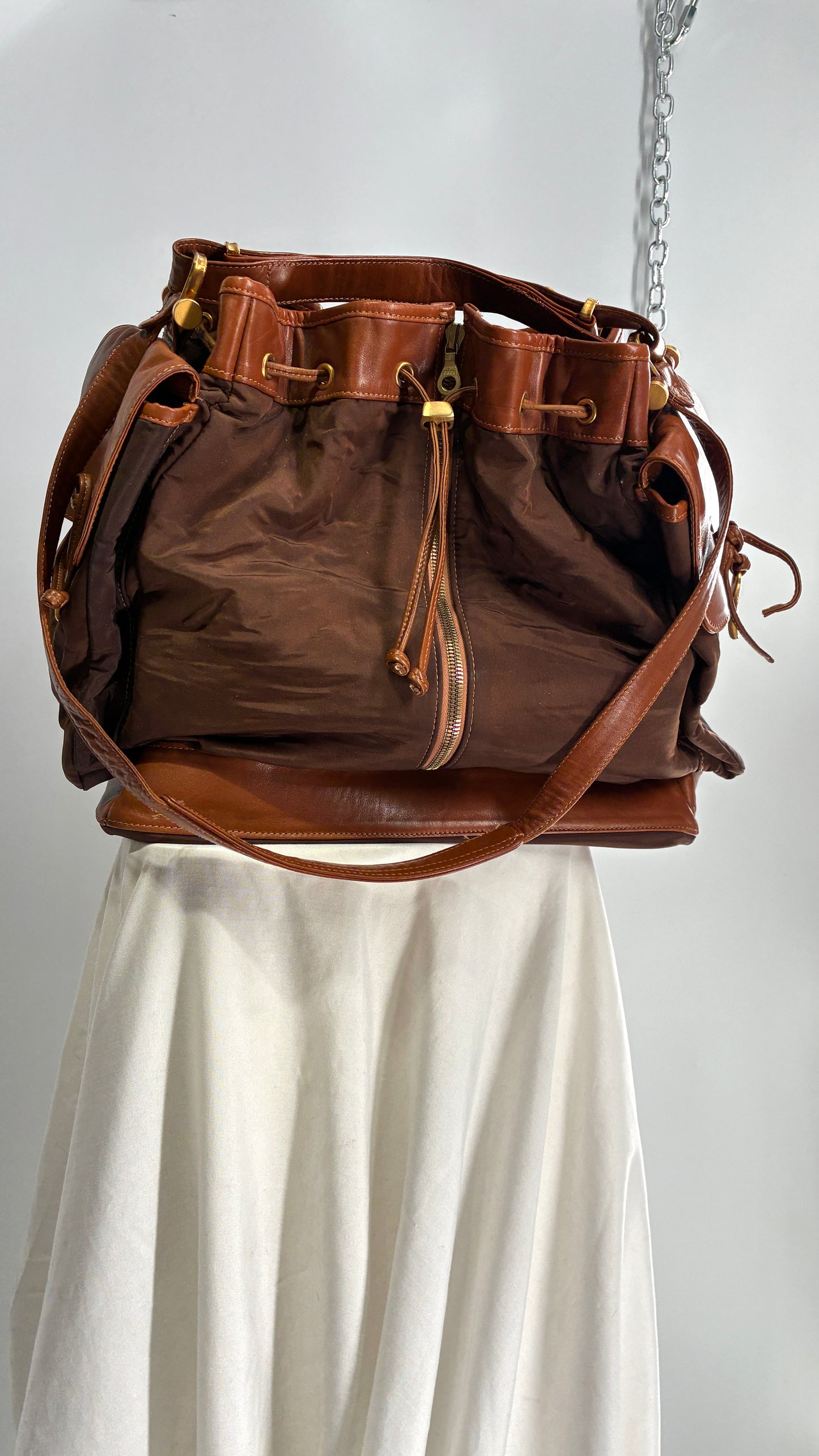 Vintage DONNA KARAN DKNY Oversized XL Brown Zip Front Bag with Leather Details