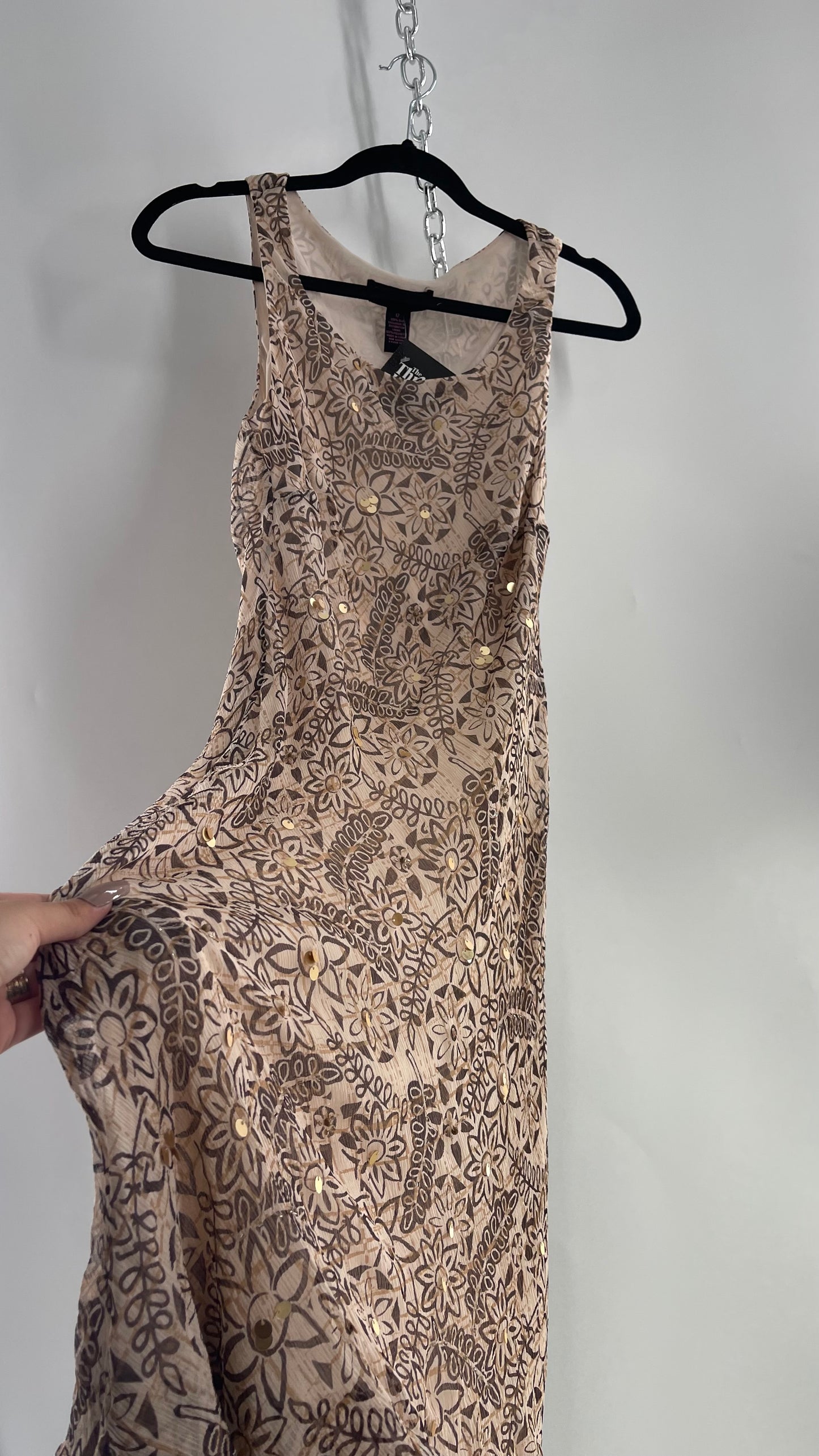 Vintage SIGNATURE by Robbie Bee Brown Floral 100% Silk Beaded and Sequin Midi Dress (12)