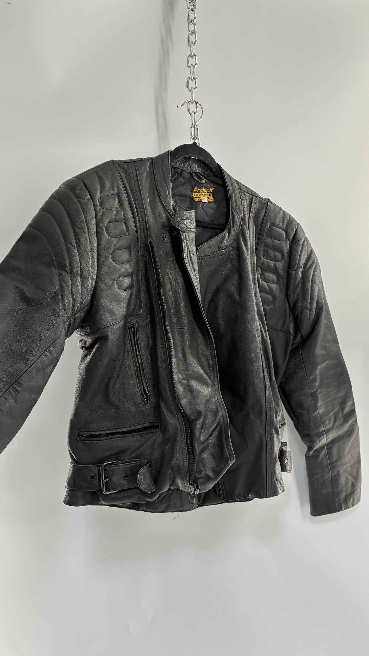 Vintage PROTECH Black Leather Motorcycle Jacket (46)