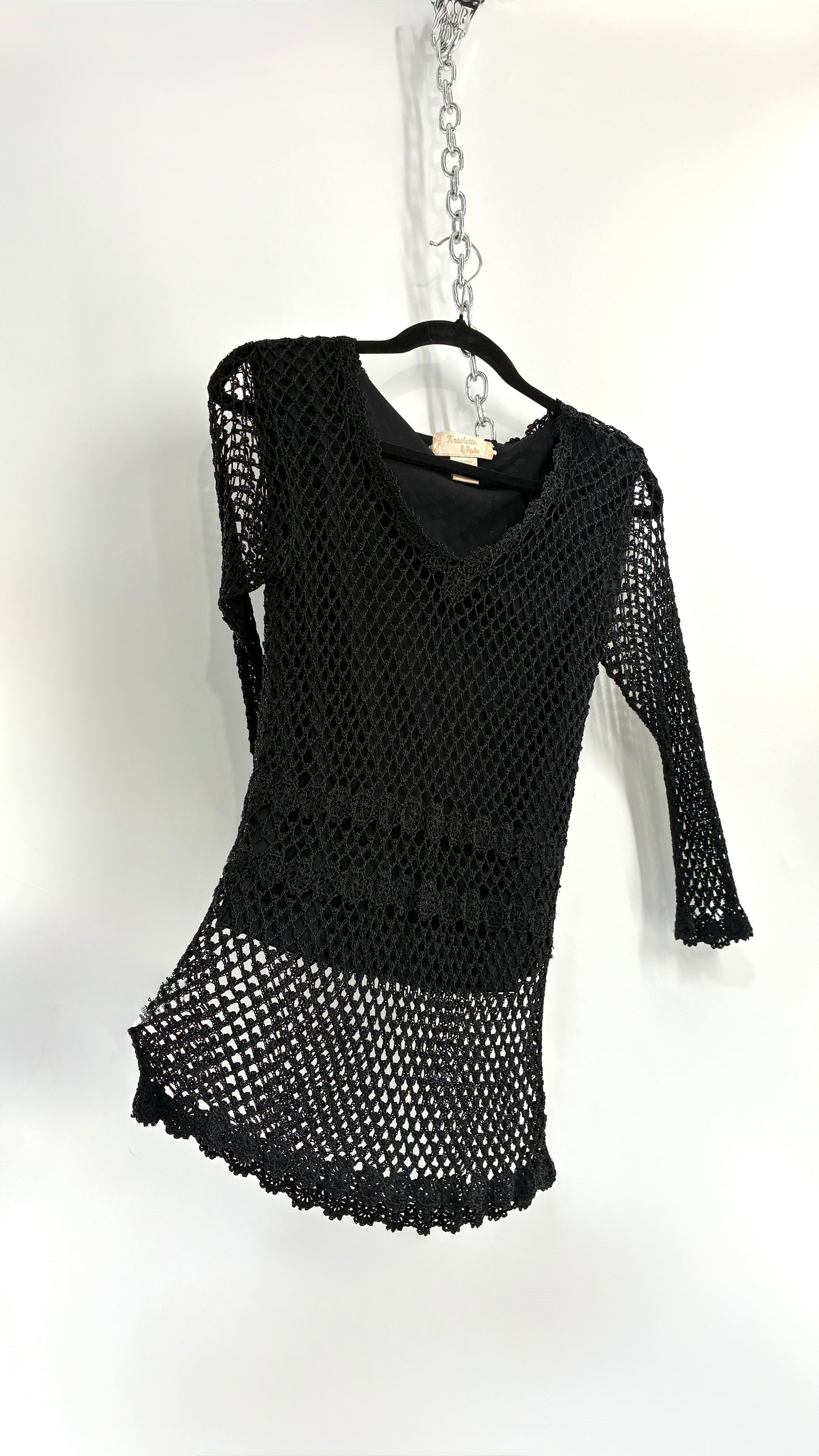 Vintage KROSHETTA by PAPILLON  Black Crochet Quarter Sleeve Blouse (Medium)