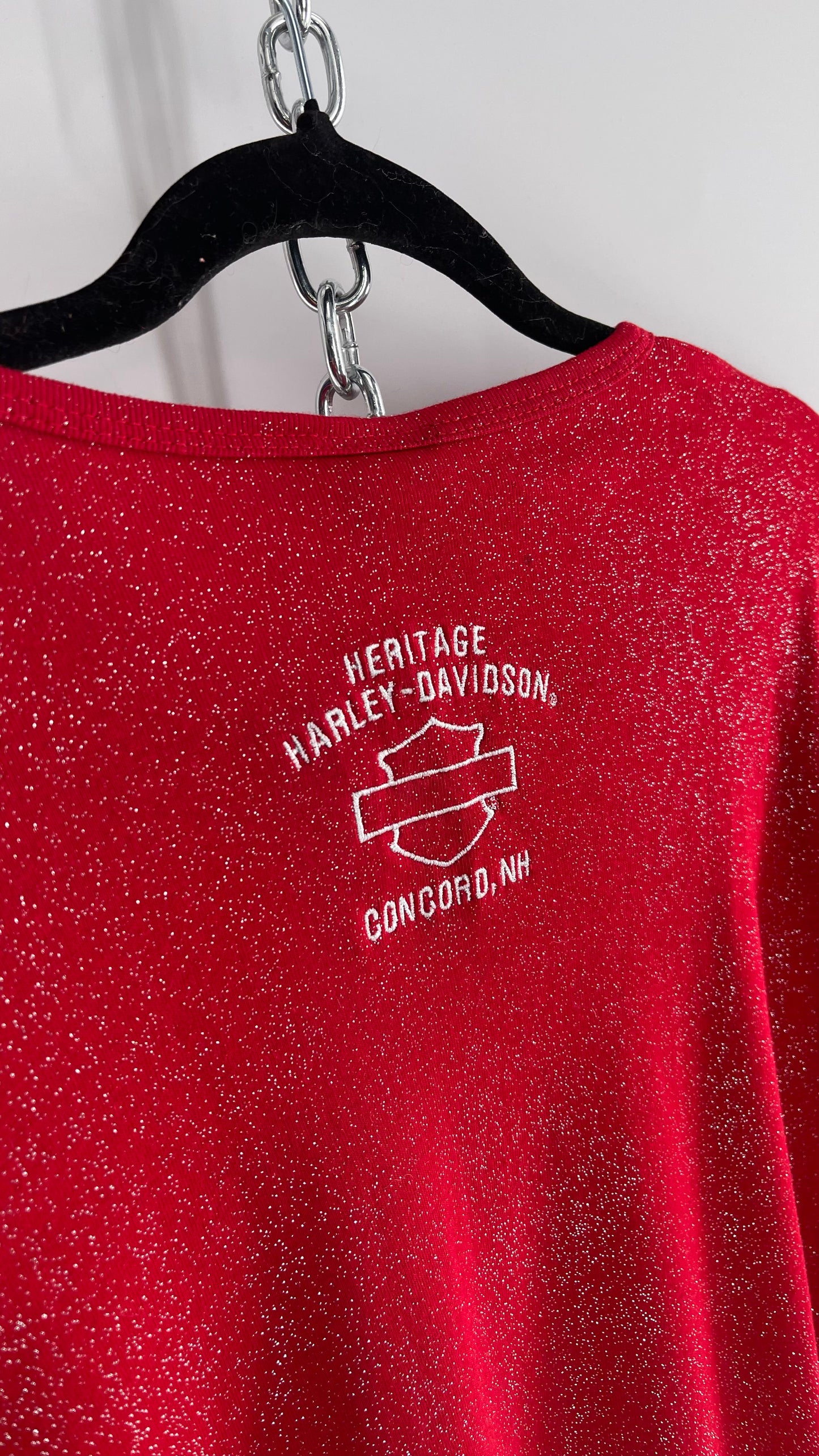 Deadstock Vintage Harley Davidson Red Glittery Embroidered Long Sleeve with Tags Attached (XL)