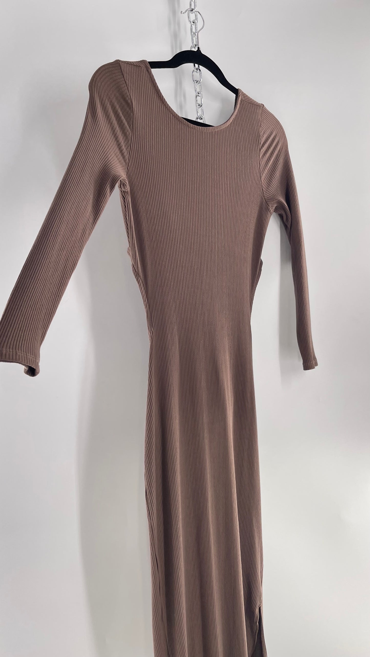 Free People Brown Ribbed Maxi Dress with Low Open Back and Dramatic Tie Detail (Large)