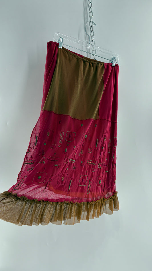 Vintage LILLI ROSE Fuchsia Exposed Stitch Midi Skirt with Embroidered Details (S/M)