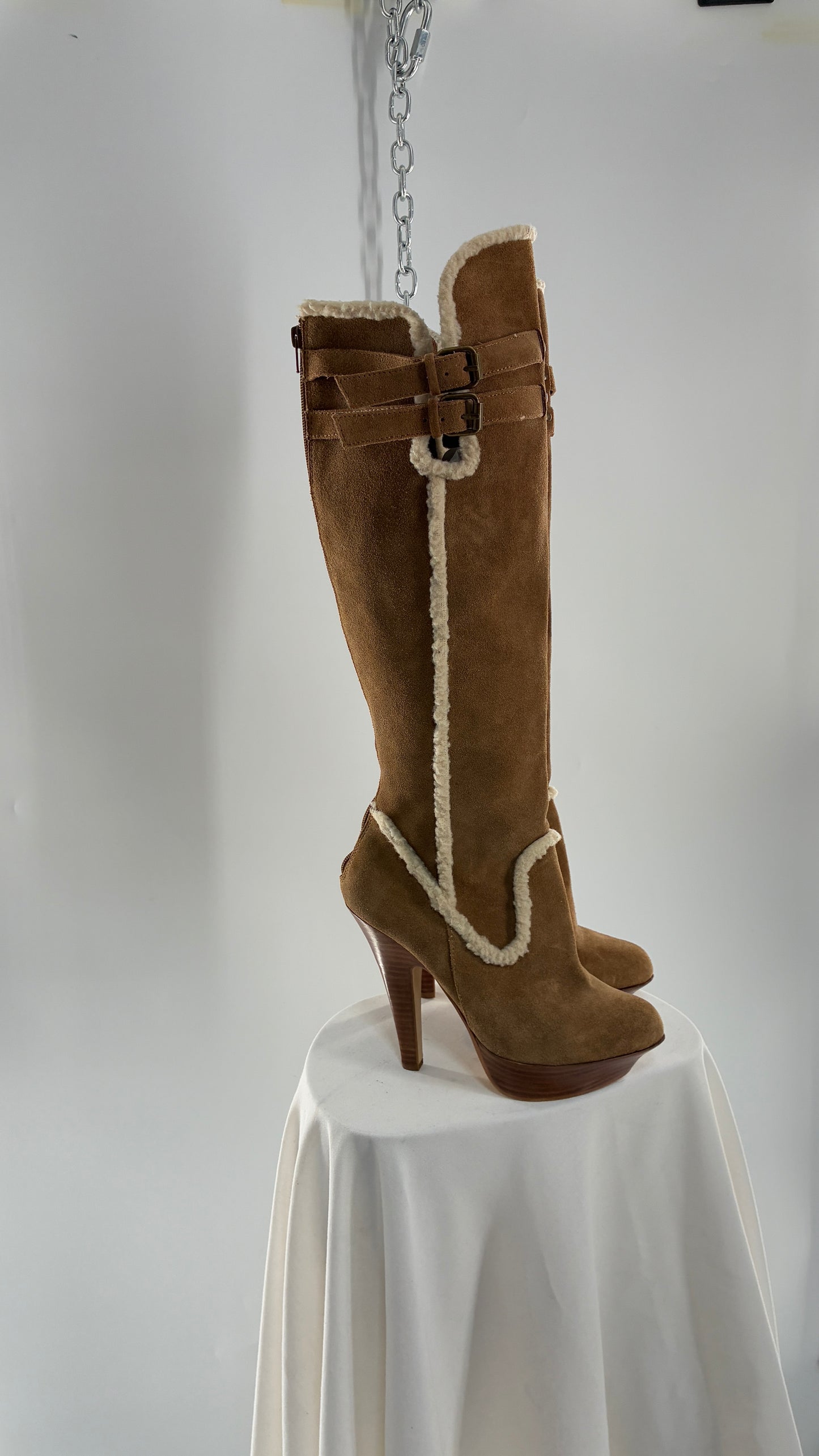 Vintage BEBE Genuine Suede Leather Stiletto, Platform Knee High Boots with Shearling Piping (8B)