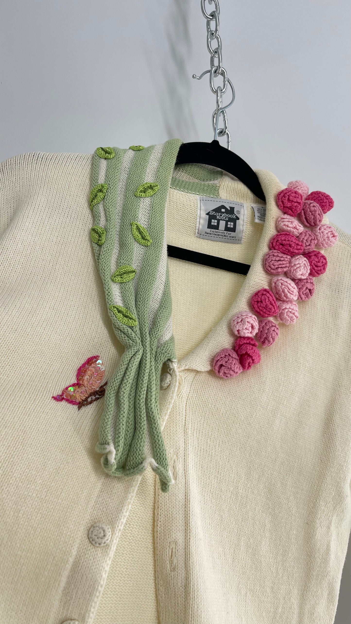 Vintage Storybook Knits Flower Bouquet and Butterfly Knit Cardigan (Small)