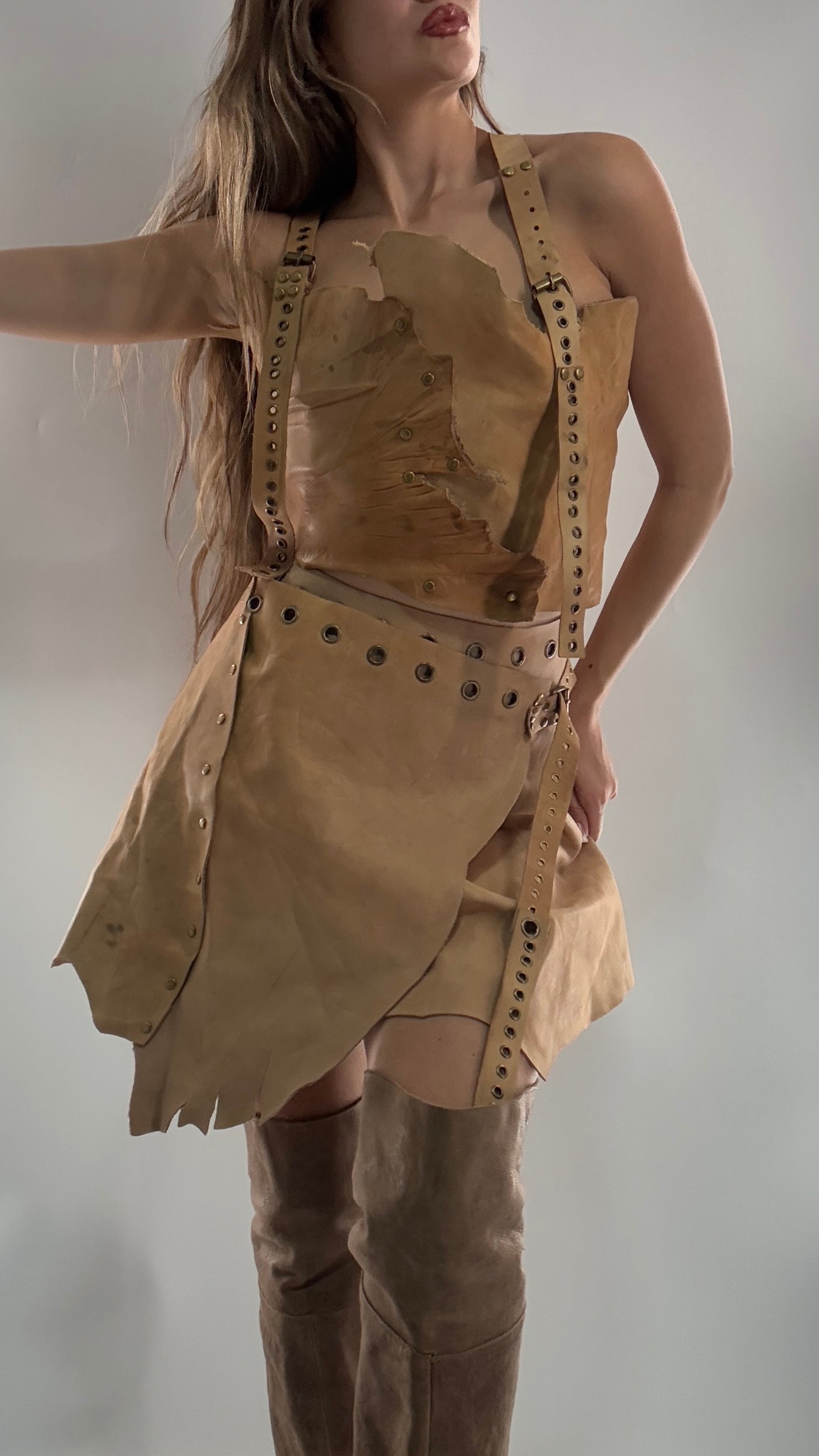 CUSTOM Handmade Rugged and Reversible Distressed Leather Two Piece Set with Grommet Waistband (XS-XL)