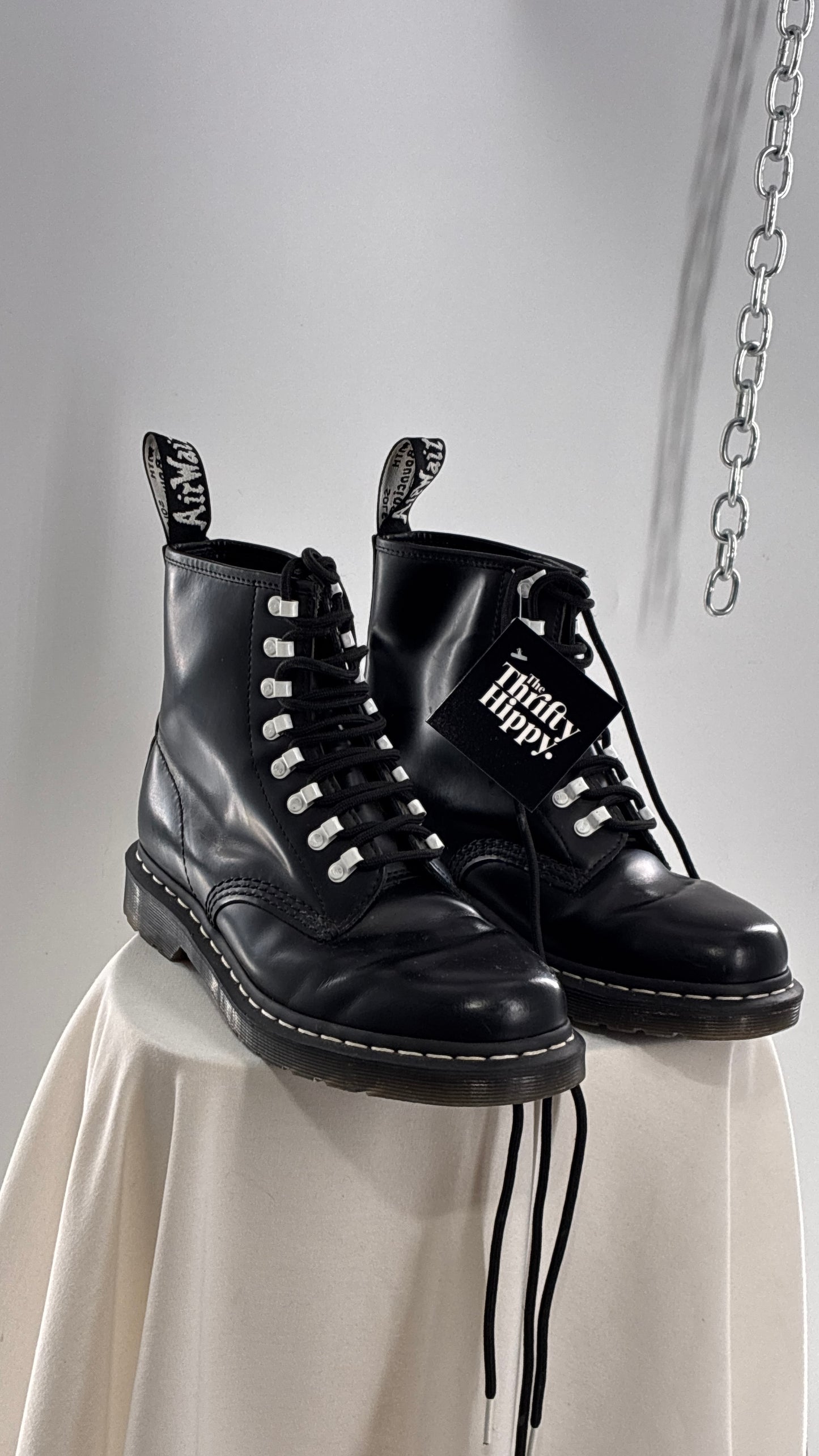 Vintage DR.MARTENS AirWair 1460 DISRUPT Black Patent Leather Boots with White Hardware (8L, 7M)
