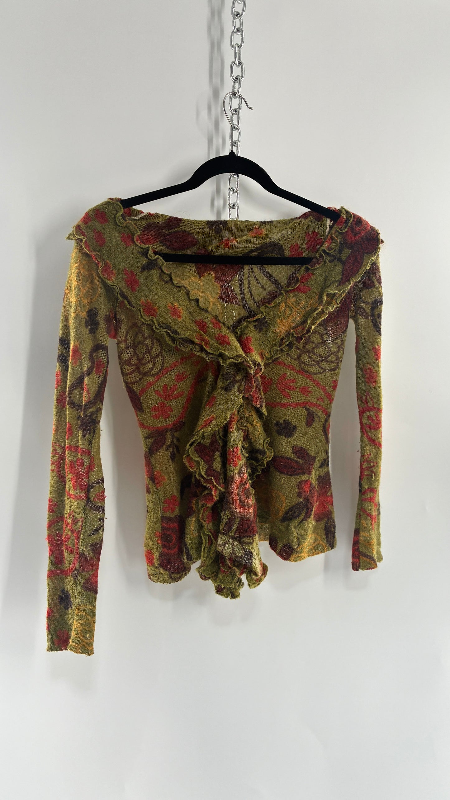 Vintage Green Paisley Mohair/Merino Wool Blend Long Sleeve with Bust Clasp and Ruffled Design (Medium)