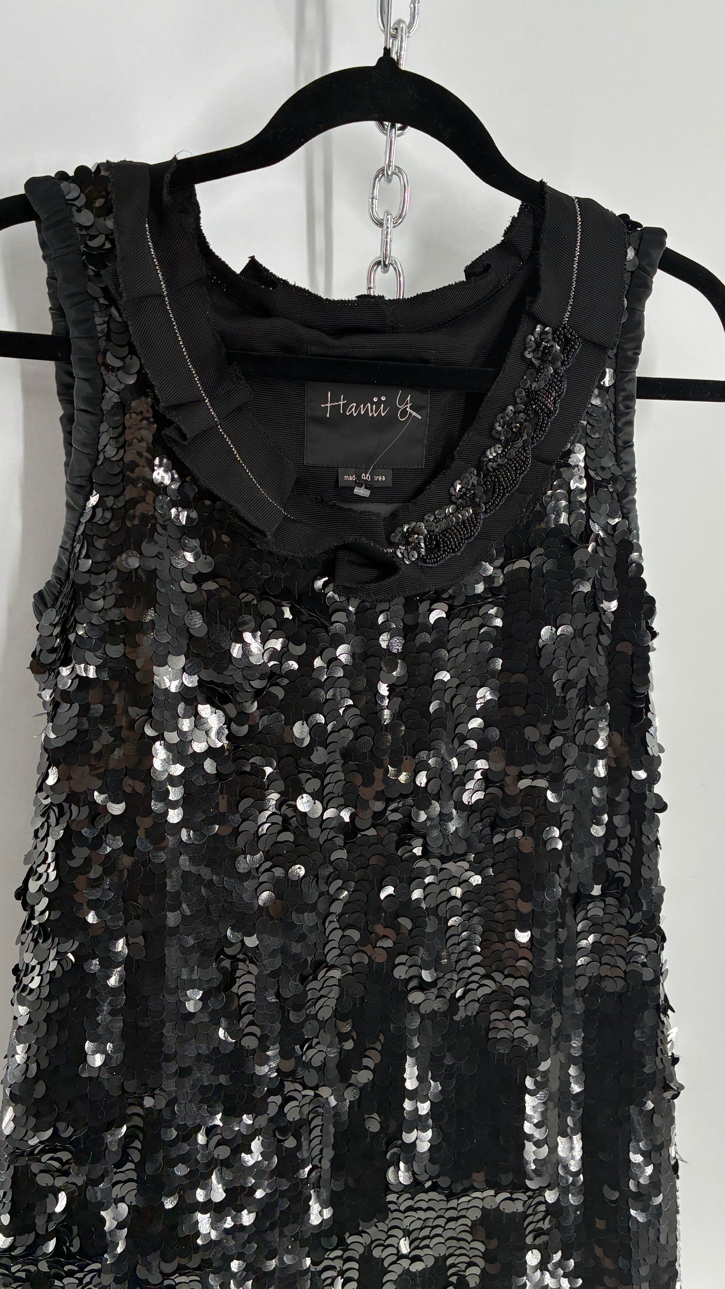 HANII Y. Black Sequin Mini Dress with Beaded, Pleated Ribbon Neckline and Bubble Hem (40)