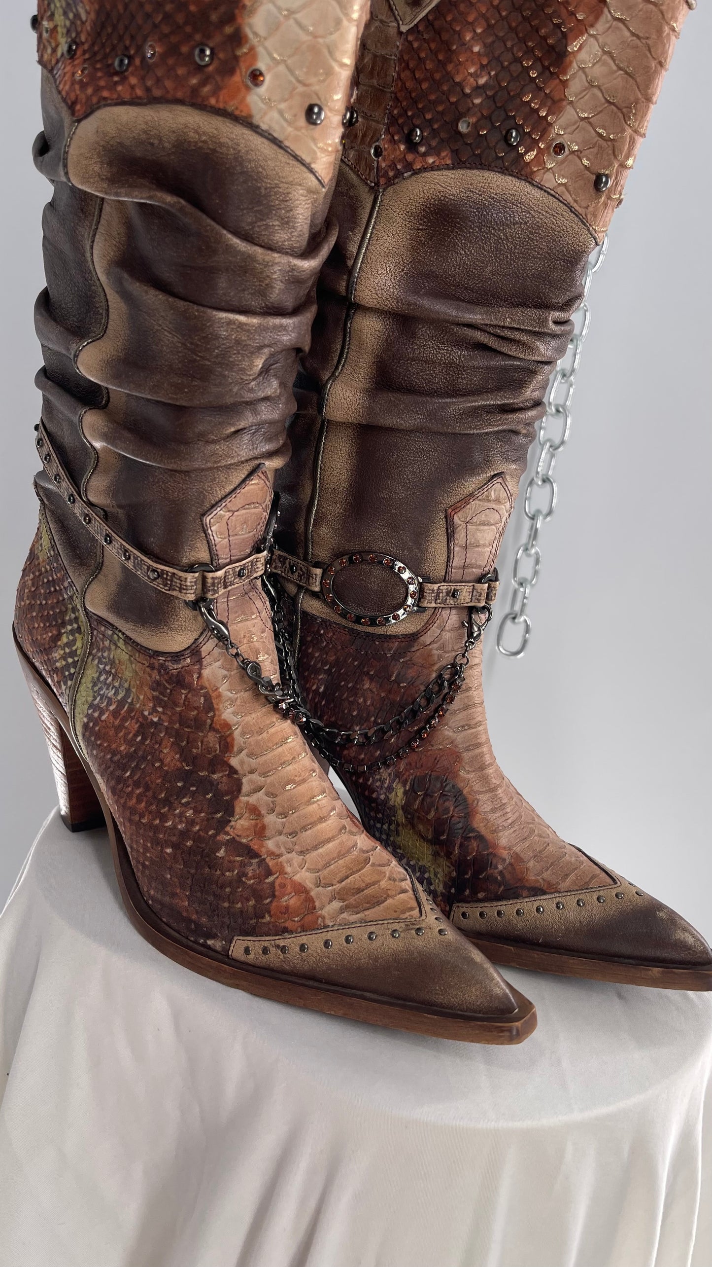 Vintage Steve Madden Stacked/Ruched Pointed Toe Cowboys with Snake Texture, Brown/Green/Orange with Chains and Studs (8)