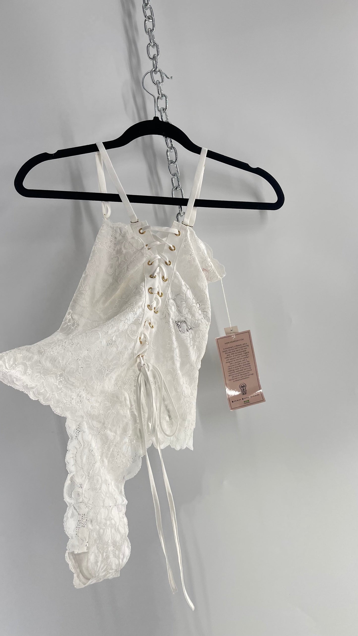 Hot as Hell White Lace Reversible Bodysuit with Lace Up Front/Back and Tags Attached (Small)