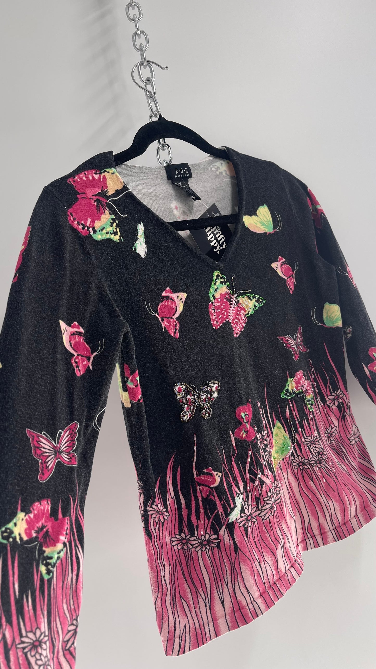 Vintage RQT Black Cropped Quarter Sleeve with Beaded Butterflies (PM)