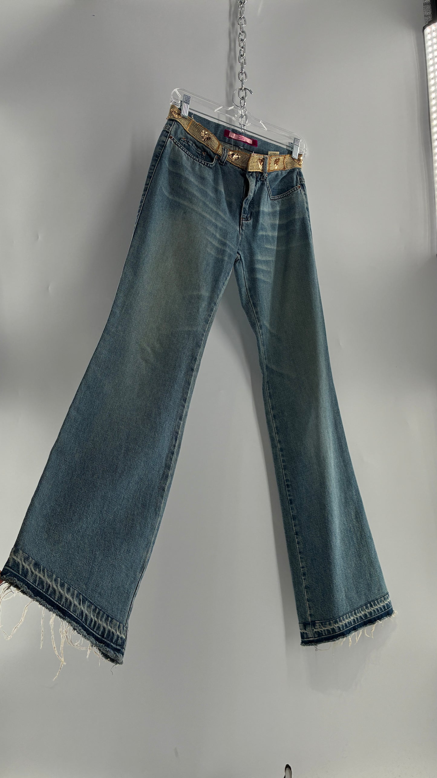 Vintage VOYAGE PASSION Kick Flare Light Wash Jeans with Heart Embroidered Bum and Gold Sequin Belt (28)