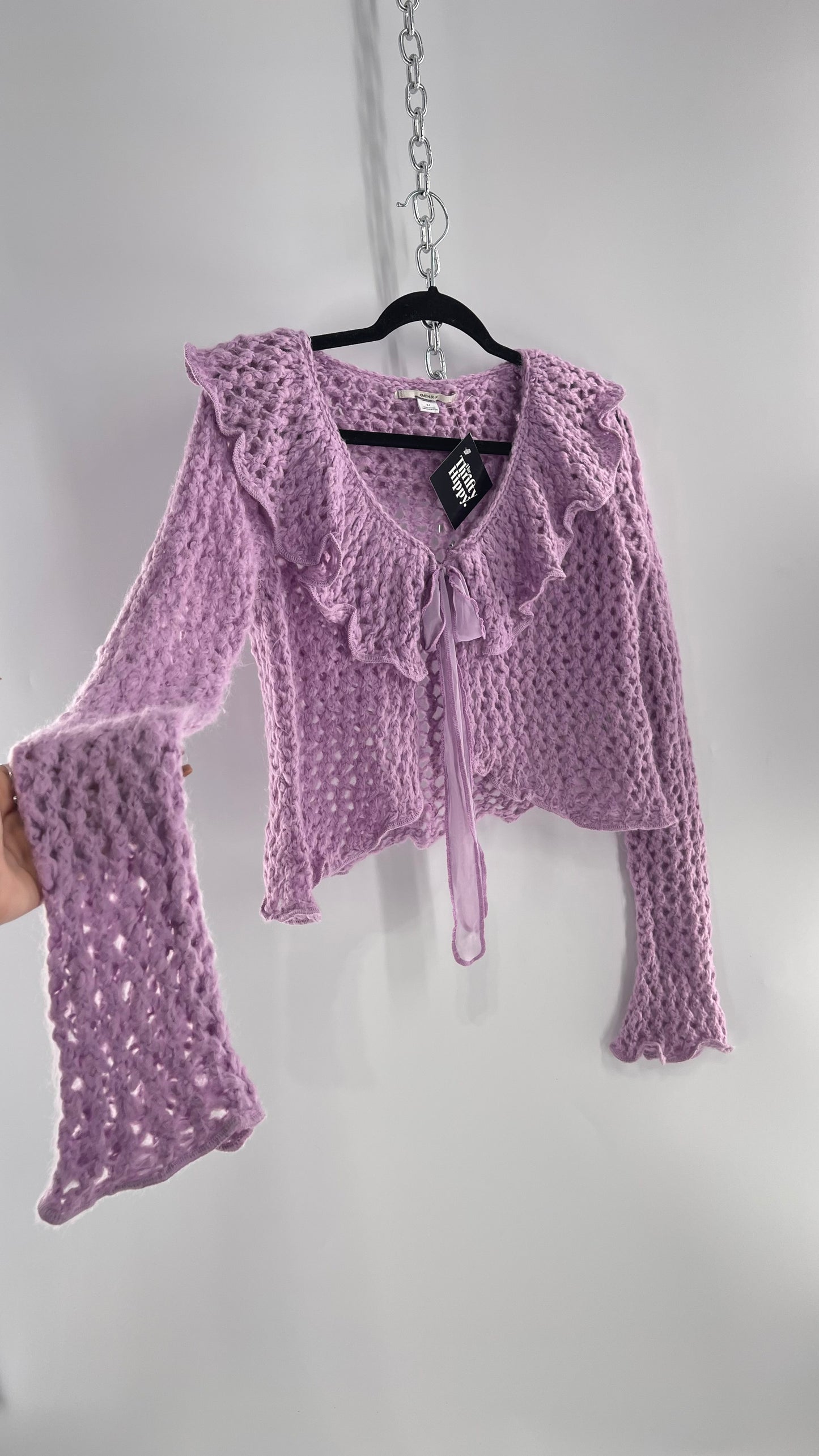 KIMCHI BLUE Lavender/Lilac Open Knit Cardigan with Ruffled Neckline and Tie Bust (Small)