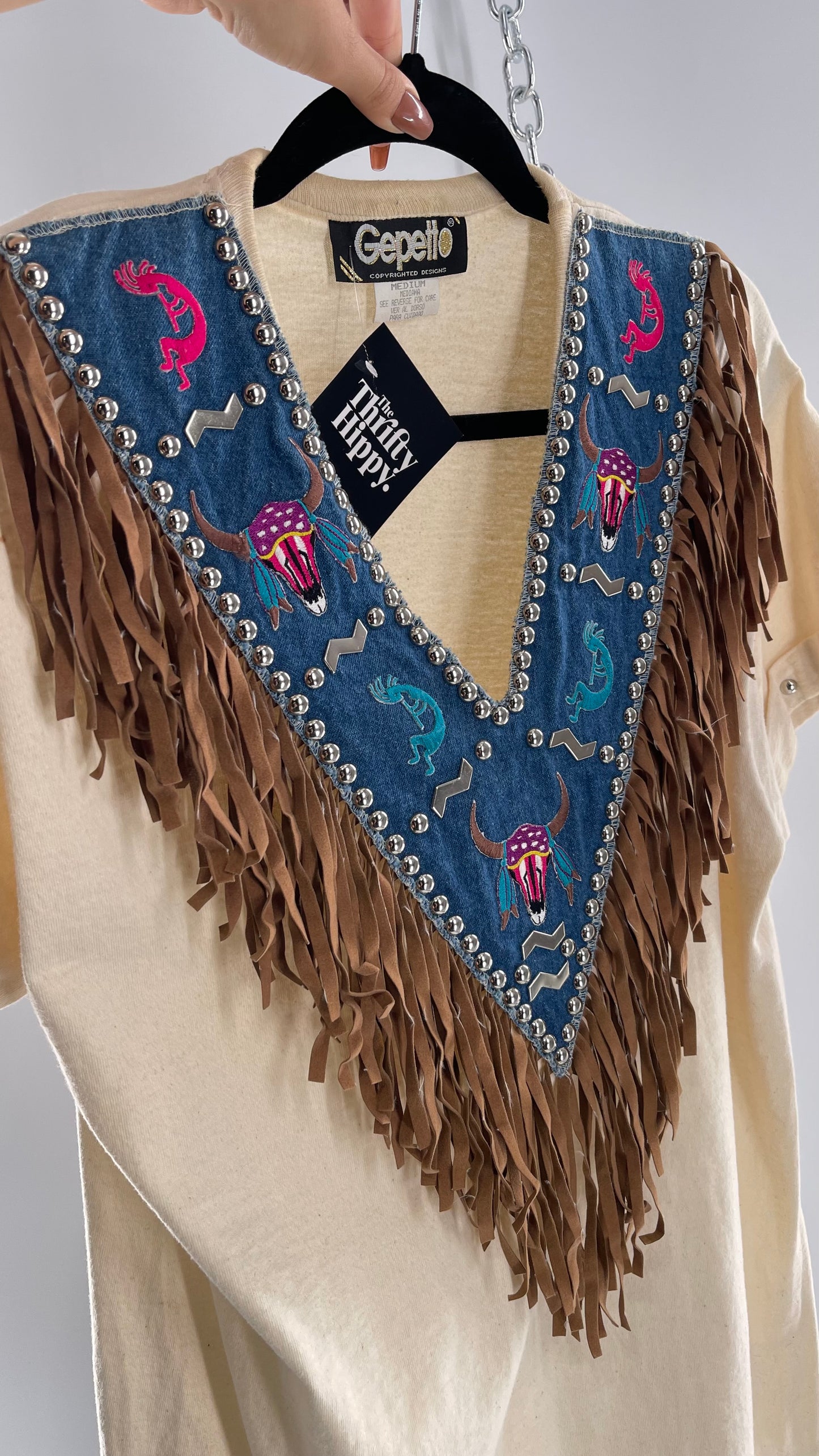 Vintage 1980s GEPETTO Off White Rodeo Western T Shirt with Denim Lined V Neck, Faux Leather Fringe Detail, Embroidery, and Heavy Duty Studs