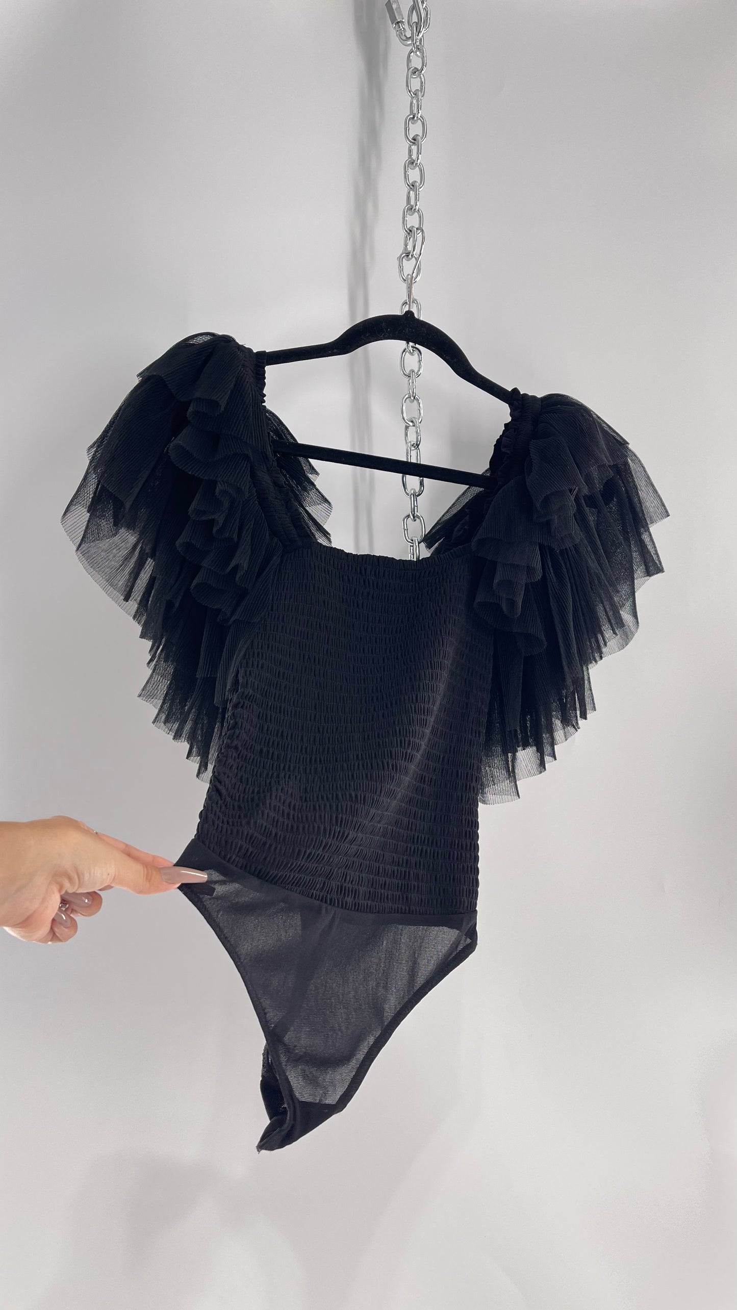 Free People Black Swan Tulle Sleeve Bodysuit (XS)