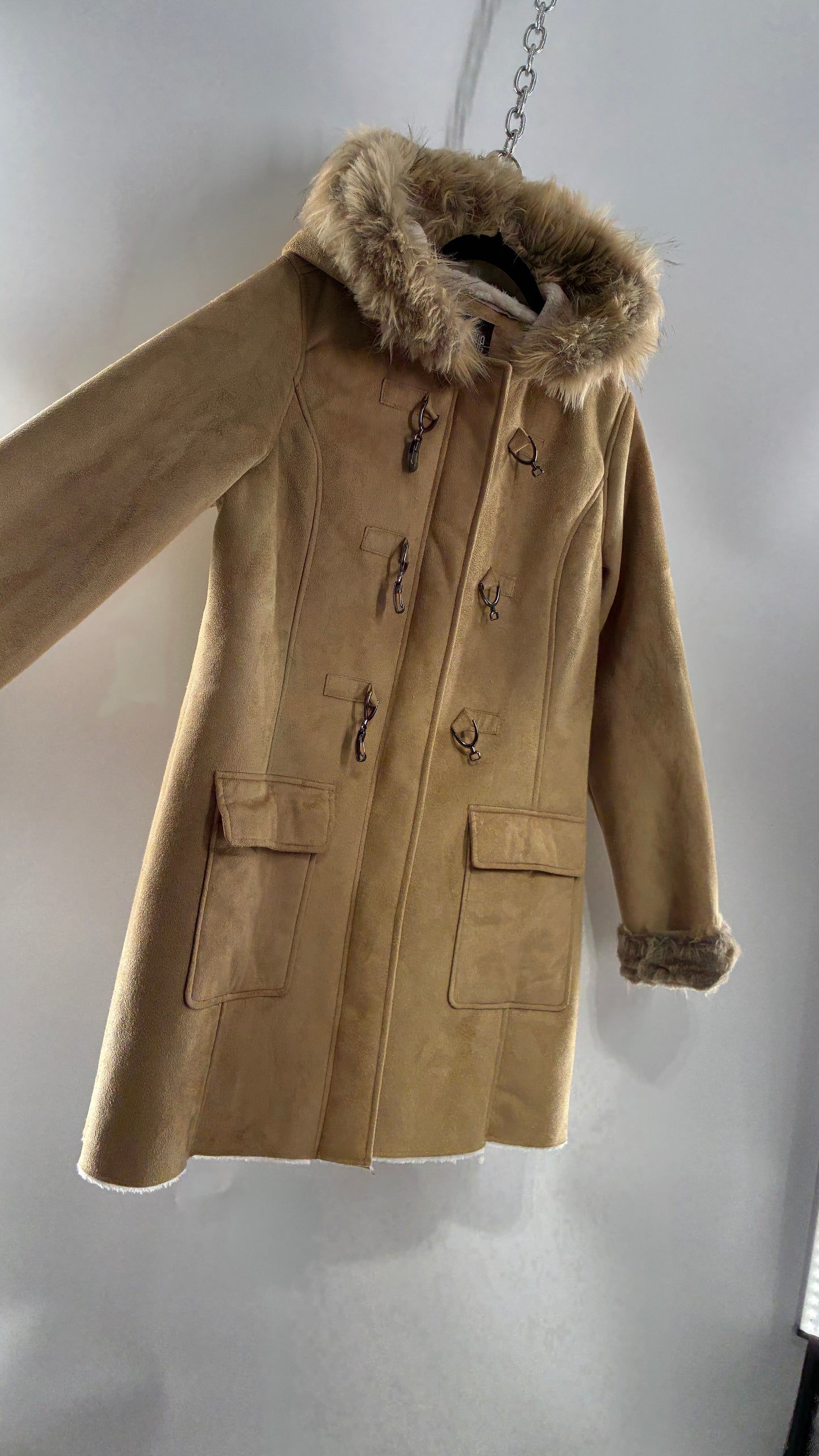 Deadstock Vintage MONROE AND MAIN Vegan Suede Coat with Fur Cuffs and Hood, Tags Attached (Medium)