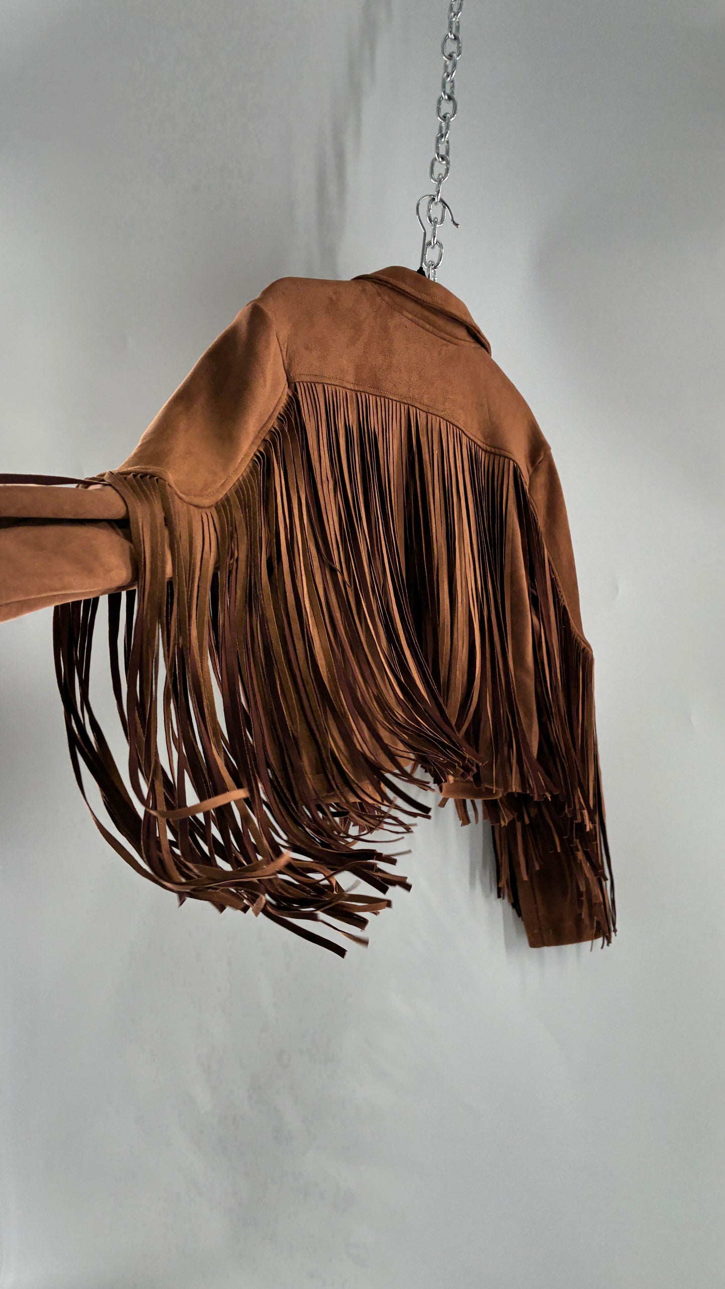 SINCERELY JULES Brown Vegan Suede Cropped Fringe Jacket (Medium)