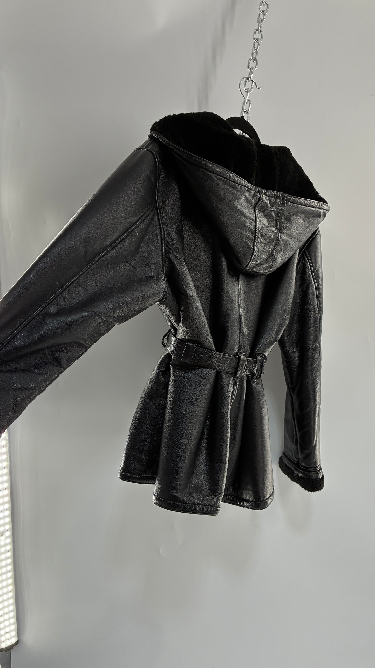 Vintage WILSON’S Fur Lined, Genuine Leather Waist Tie Jacket with Hood (Medium)