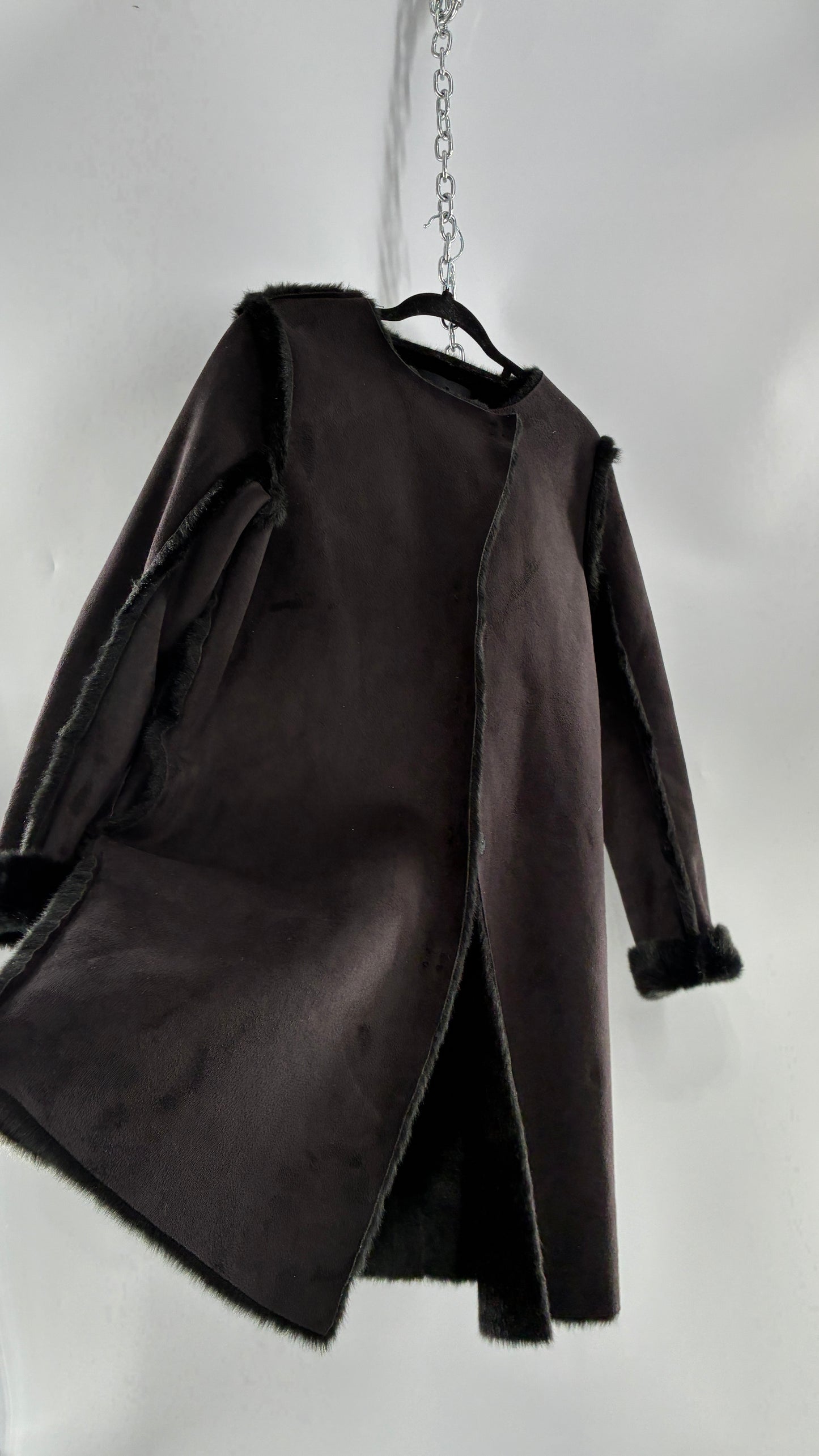 Vintage H&M Black Faux Suede Coat with Faux Fur Piping (12)