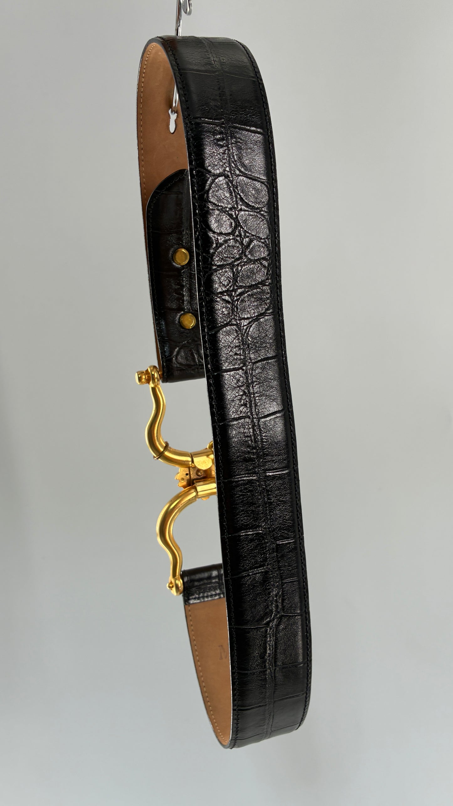 Vintage WCM New York Genuine Calfskin Belt with Golden Sculptural Horse Head Door-Knocker Buckle and Chain Detail  (Medium)