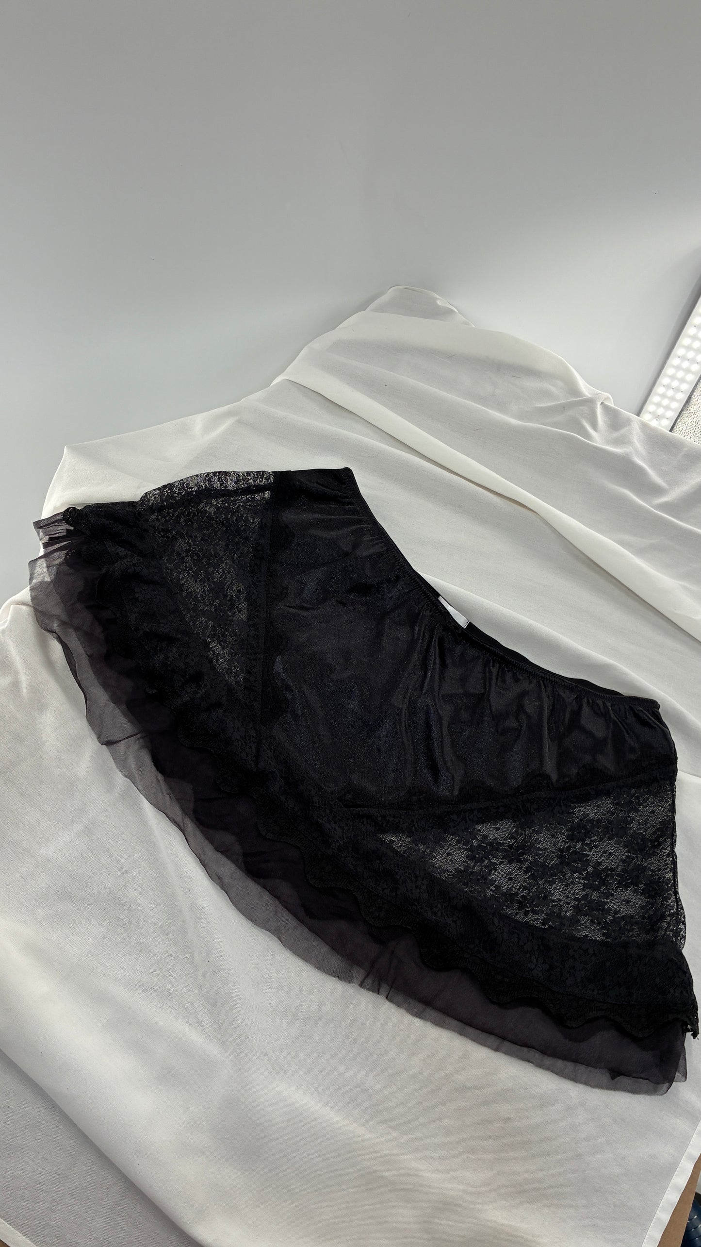 Vintage AMOUREUSE Black Satin Mini Skirt with Lace Hip Panels  (1X)